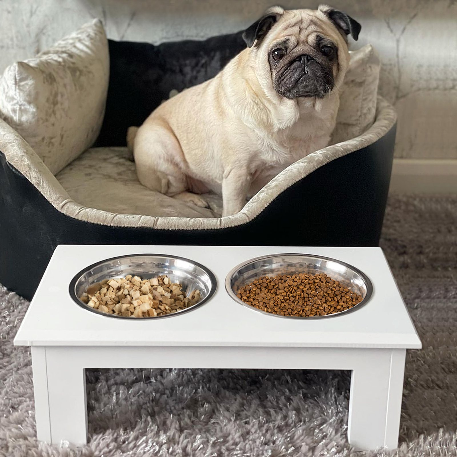 Raised Dog Feeding Bowls with Stand, Stainless Steel for Extra Small and Small Dog, 44L x 24W x 15H cm - White