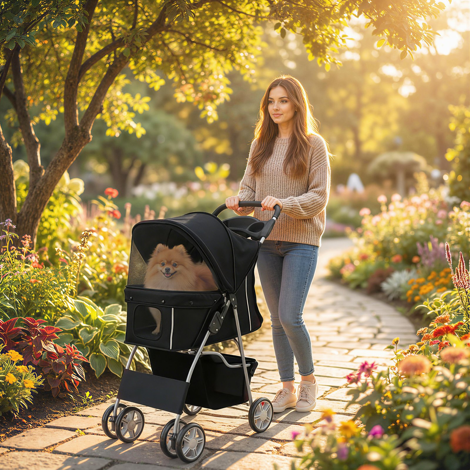 Dog Pram, Pet Stroller with Reflective Strips, Foldable Cat Stroller with 360° Swivel Wheels, Black - Image 9