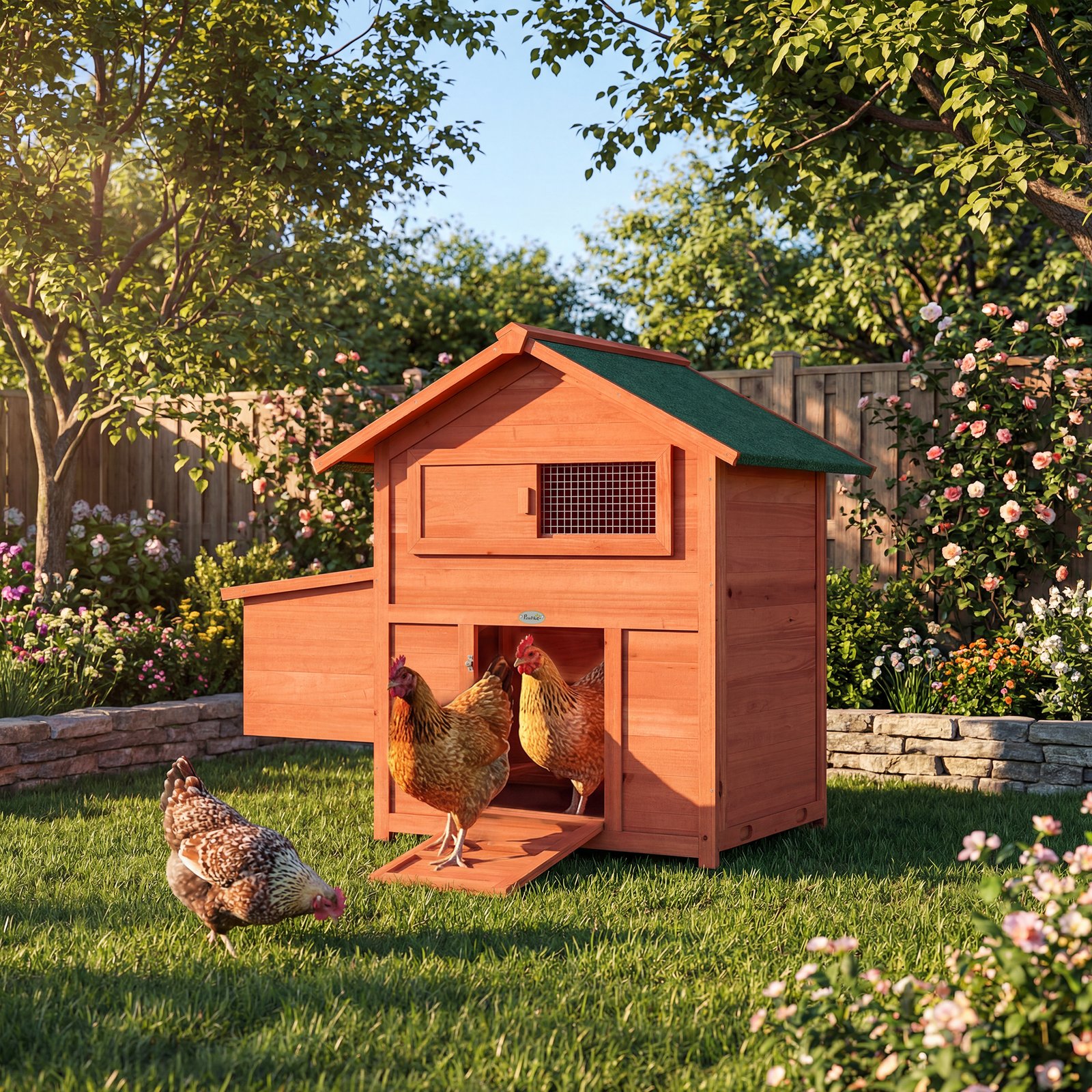Chicken Coop, Wooden Hen House with Nesting Box, Pull-Out Tray, Sliding Window, Waterproof Roof, Perches and Ramp