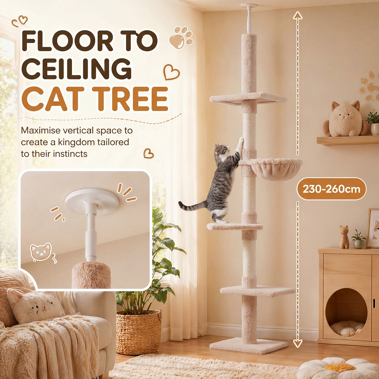 Floor to Ceiling Cat Tree 230-260cm Height Adjustable, 5-Tier Cat Tower with Scratching Posts, Hammock, Perches, Climbing Activity Centre for Indoor Kittens Playing and Relaxing, Beige - Image 4