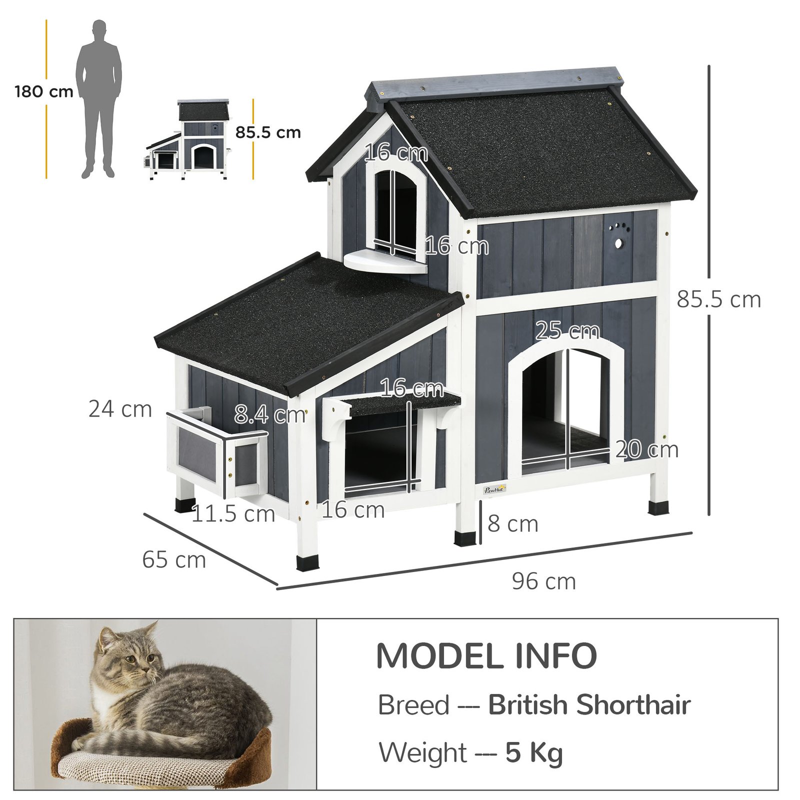 Wooden Cat House with Flower Pot, Windows, Multiple Entrances, Water-Resistant Roof for Outdoor - Grey