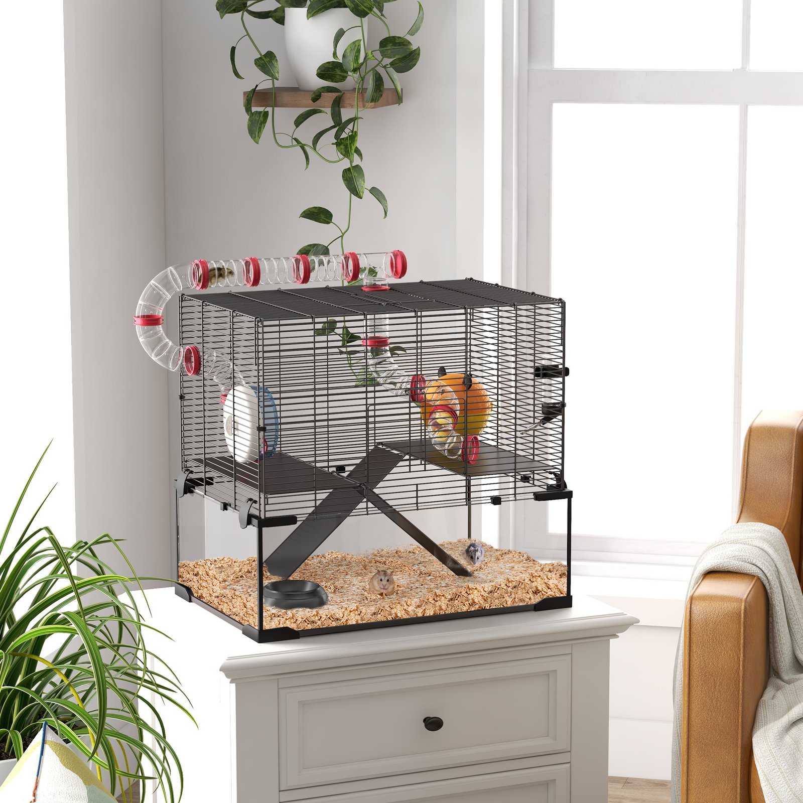 Gerbil Cage Dwarf Hamster Cage, with Deep Glass Bottom, Tunnels, Hut, Exercise Wheel, 60 x 40 x 57cm - Image 9