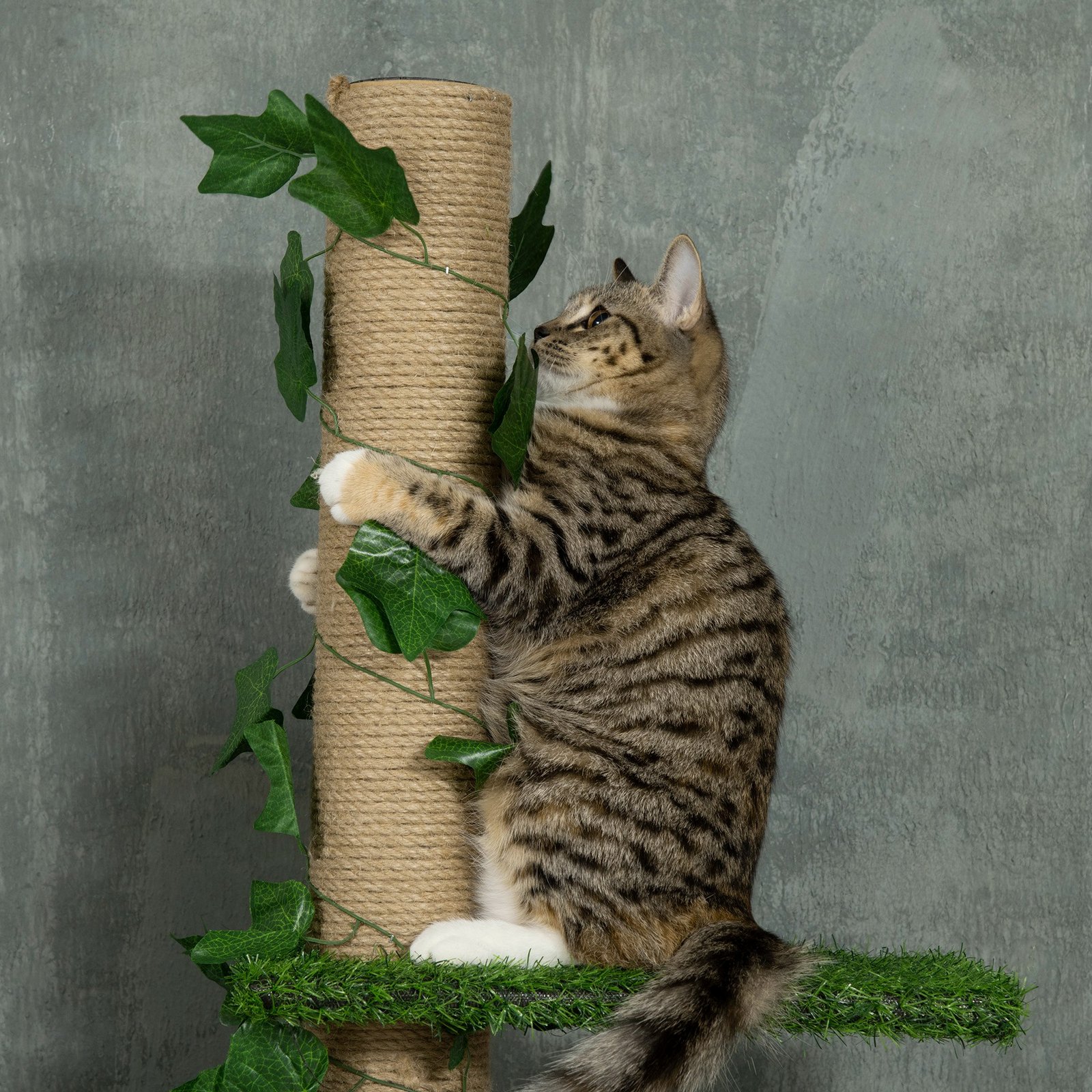 242cm Adjustable Floor-To-Ceiling Cat Tree, with Artificial Decoration, Perches, Anti-Slip Kit - Green - Image 8