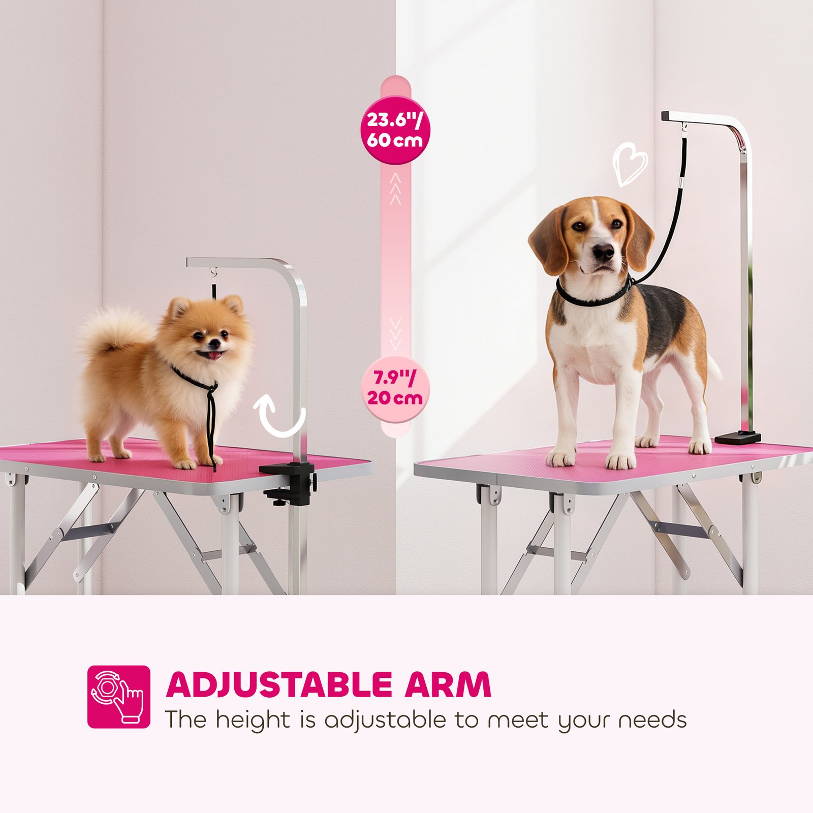 32" Foldable Dog Grooming Table Pet Drying Beauty Table Adjustable Fixed Arm Rubber Top, Pink