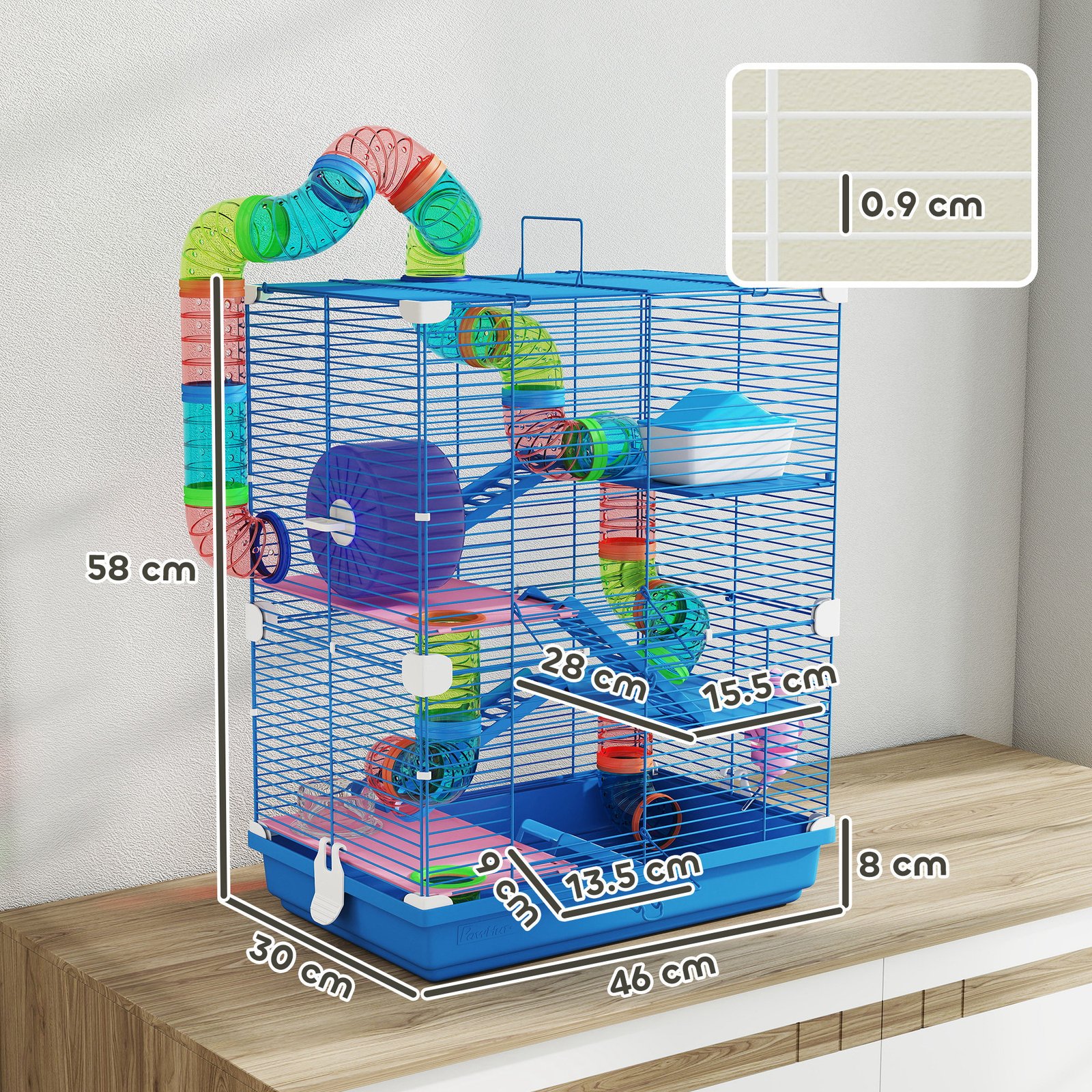 5 Tier Hamster Cage Carrier Habitat w/ Exercise Wheels, Tunnel, Blue - Image 3