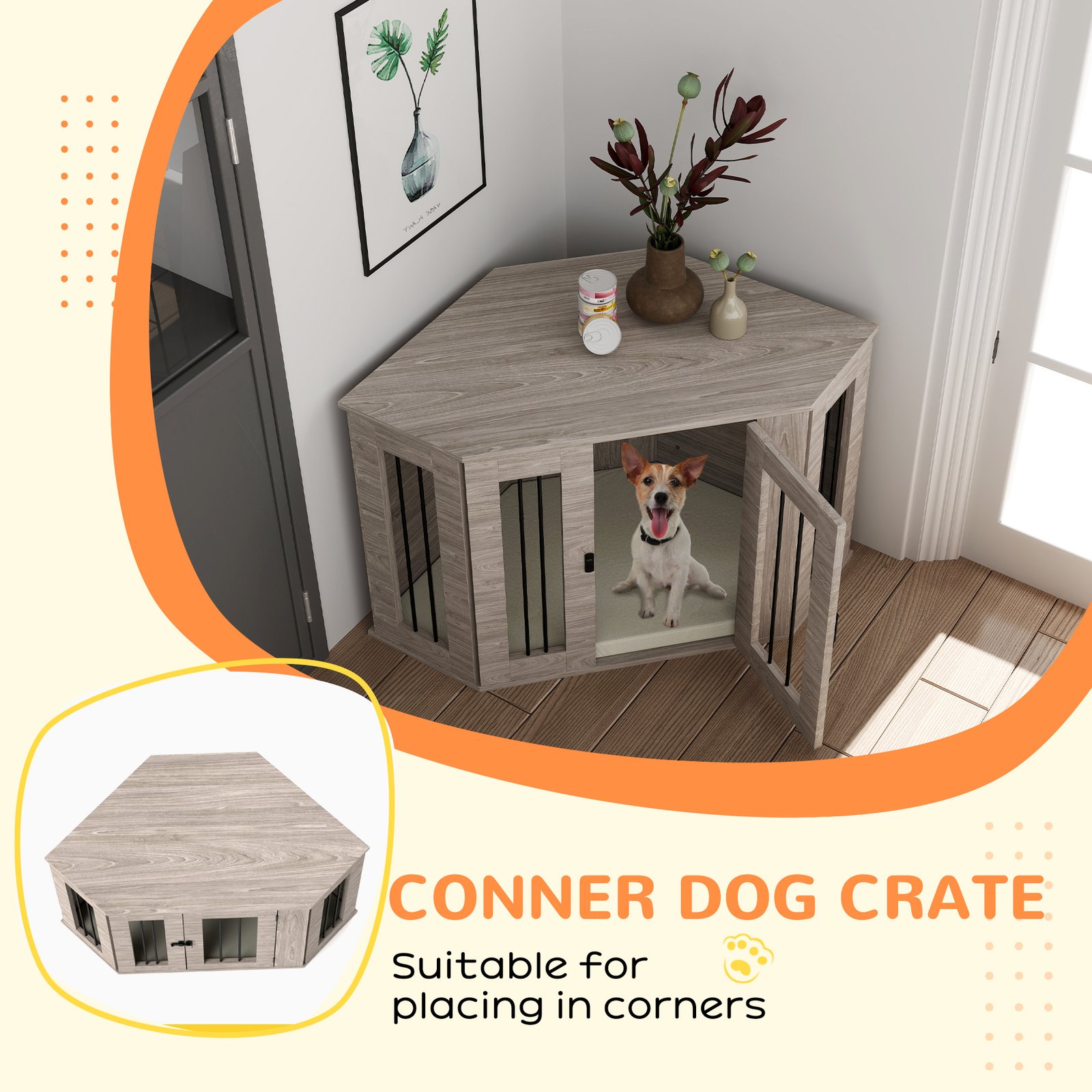 Dog Crate Furniture Side Table, with Cushion, 104 x 55 x 63cm - Walnut Brown - Image 5