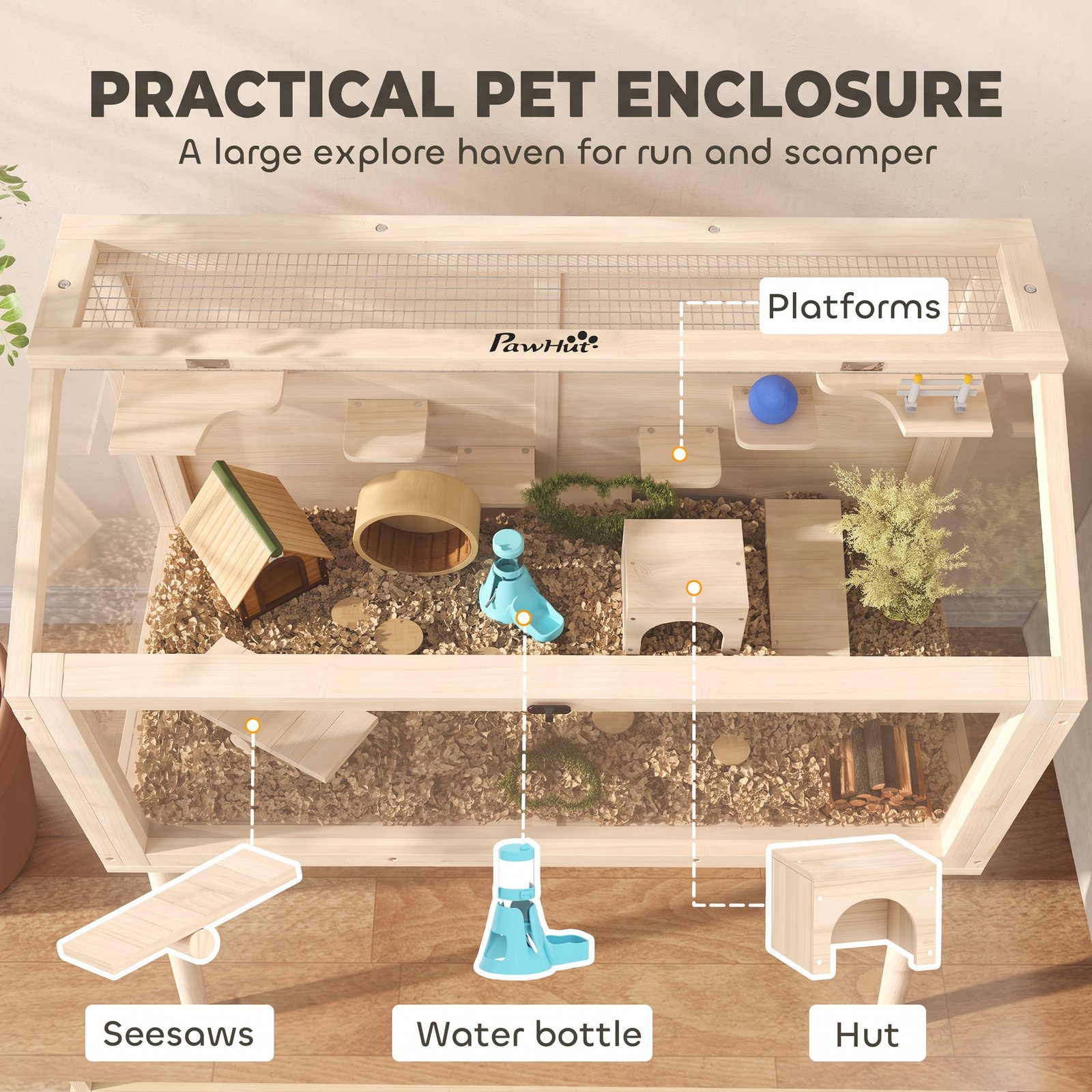 Wooden Hamster Cage, Hamster Habitat with Openable Top, Seesaws, Platforms, Water Bottle for Gerbils, 110 x 52 x 101 cm