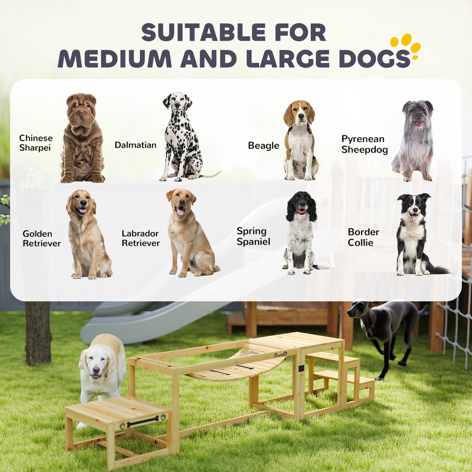 3 Pieces Wooden Dog Agility Training Equipment with Soft Bridge, Pause Platform and Pet Stair for Outdoor, Natural Wood