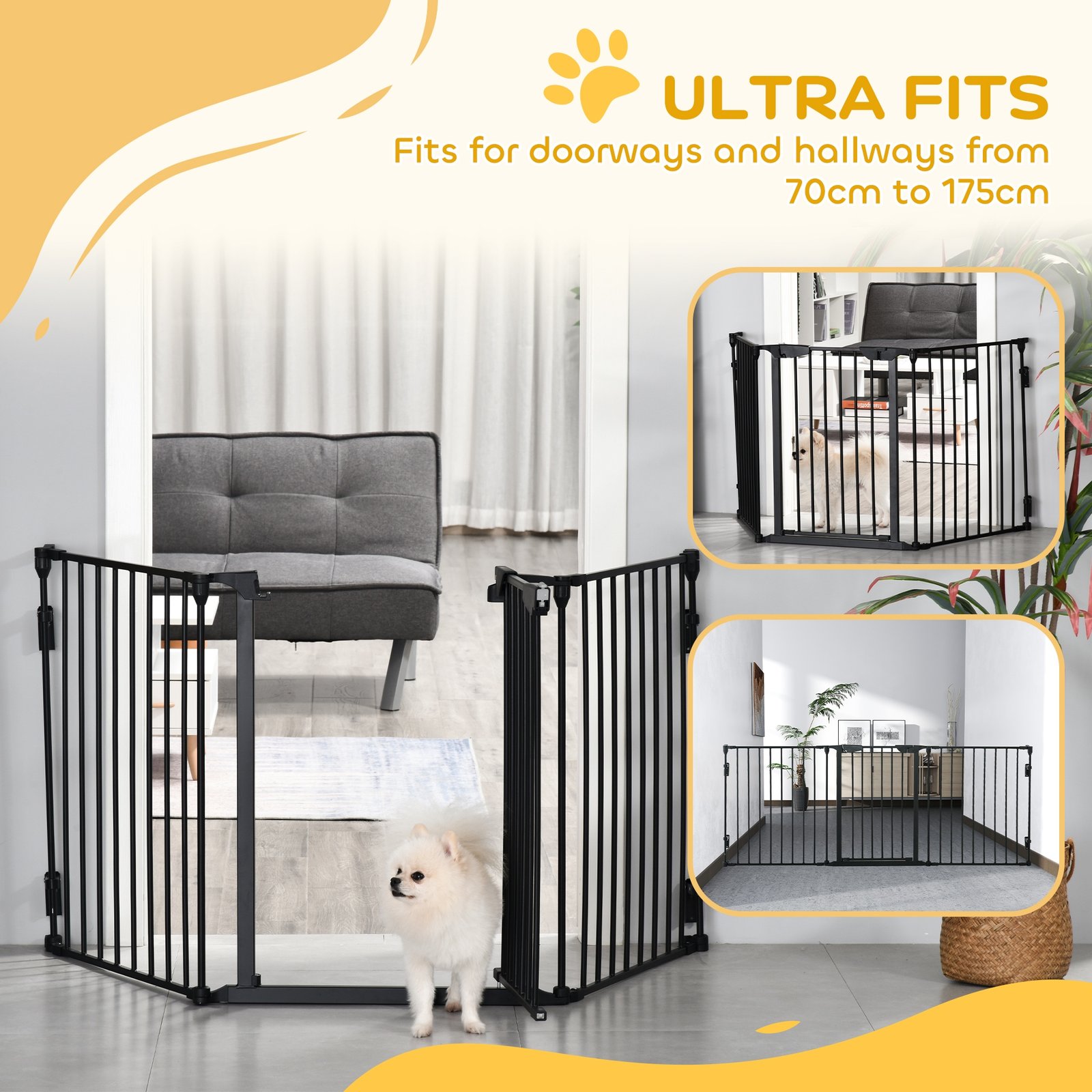 Pet Safety Gate, 3 Panels Playpen Fireplace, Foldable Metal Fence, Stair Barrier, Room Divider, Fire Guard w/ Automatic Closing Door, Black
