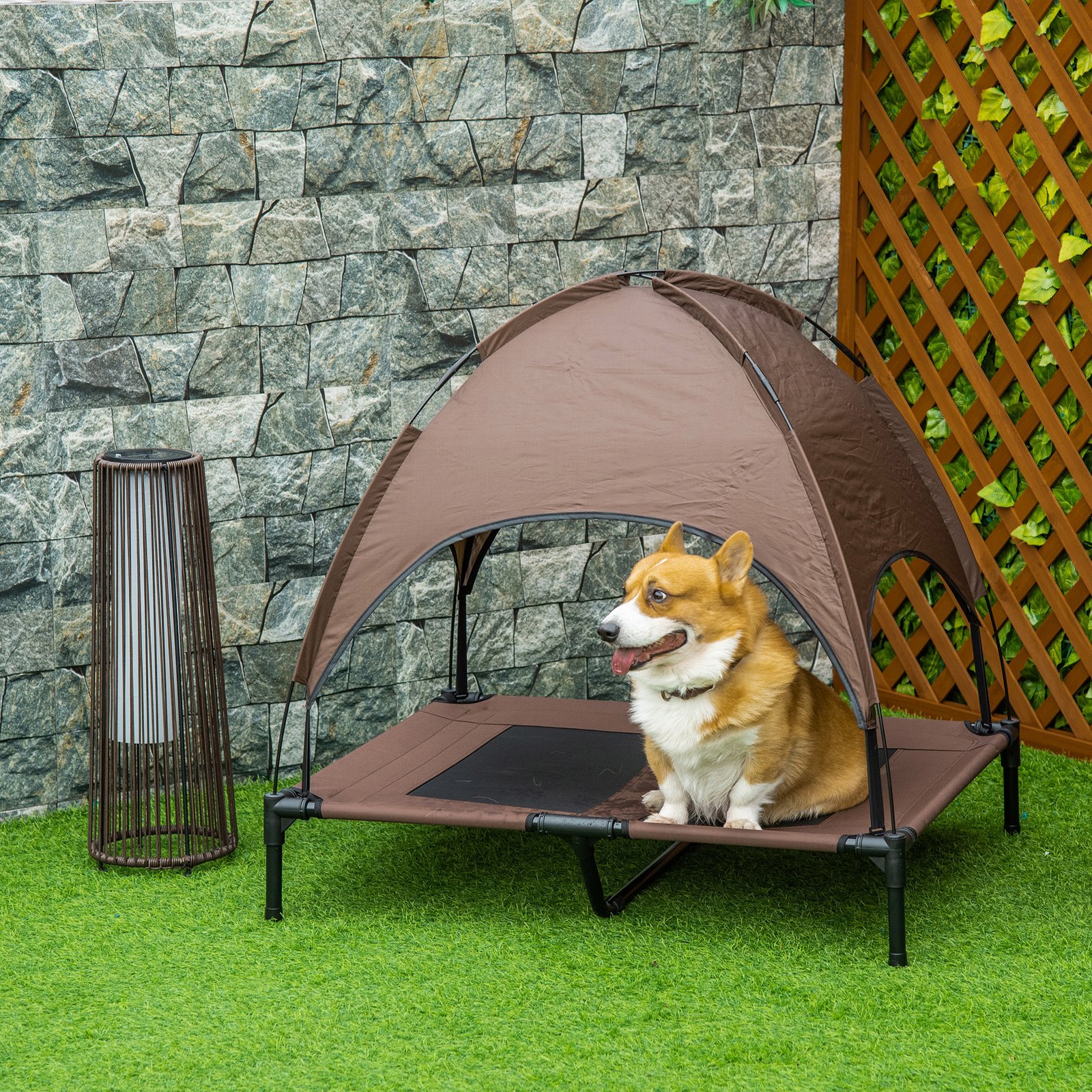 Outdoor Dog Bed with Removable Canopy, Portable Raised Dog Bed for Camping, Garden & Beach, Water-Resistant UV-Protection Mesh Pet Cot Sun Lounger, for Large Pets, 92 x 76 x 90 cm, Brown