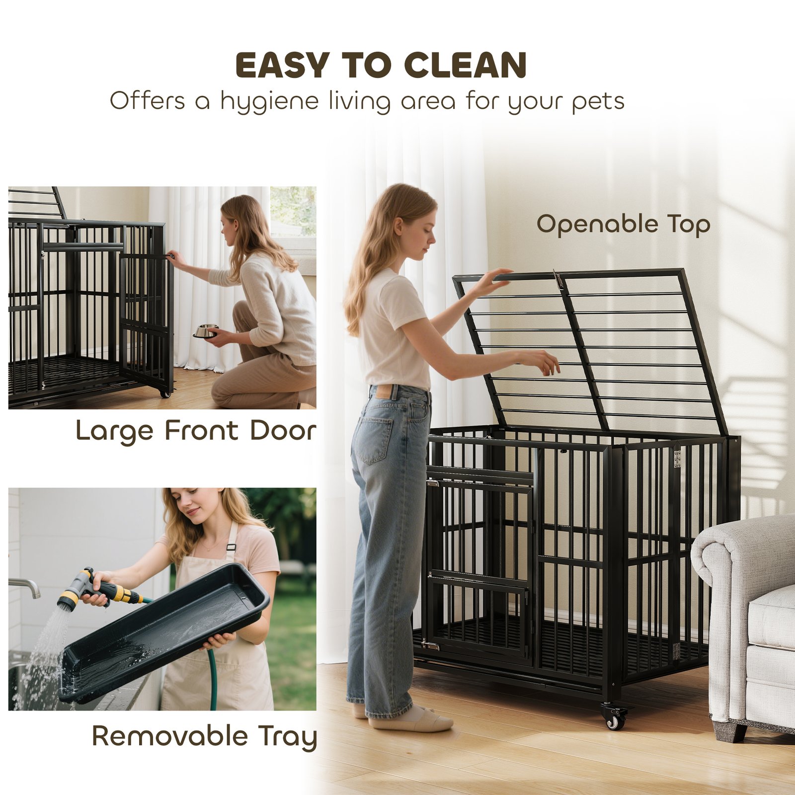 43" Heavy Duty Dog Crate, Foldable Dog Cage, with Openable Top, Locks, Removable Tray, Wheels - Black - Image 5