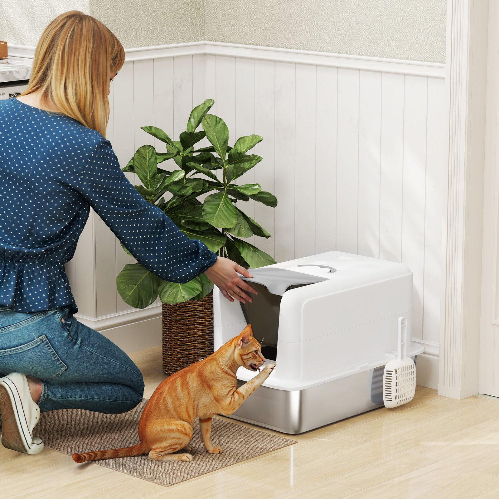 Stainless Steel Cat Litter Box with Removable Lid, Scoop, Filter Bags, for Larger Cats, White