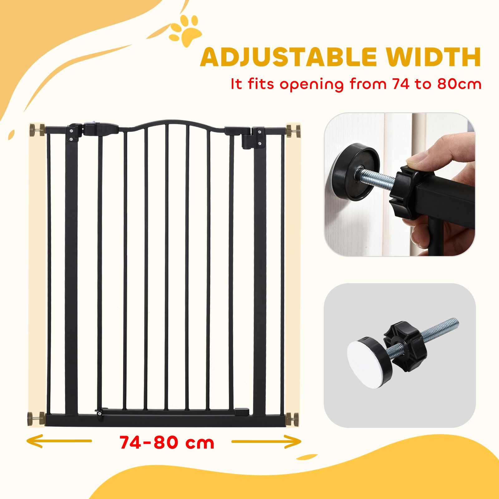 Pressure Fit Dog Stair Gate No Drilling Safety Gate Auto Close for Doorways, Hallways, 74-80cm Adjustable, 94cm Tall, Black - Image 4