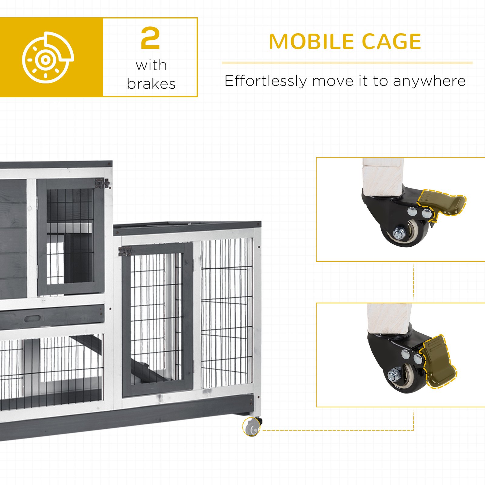 Wooden Indoor Rabbit Hutch Guinea Pig House Bunny Small Animal Cage W/ Wheels Enclosed Run 110 x 50 x 88 cm, Grey - Image 6