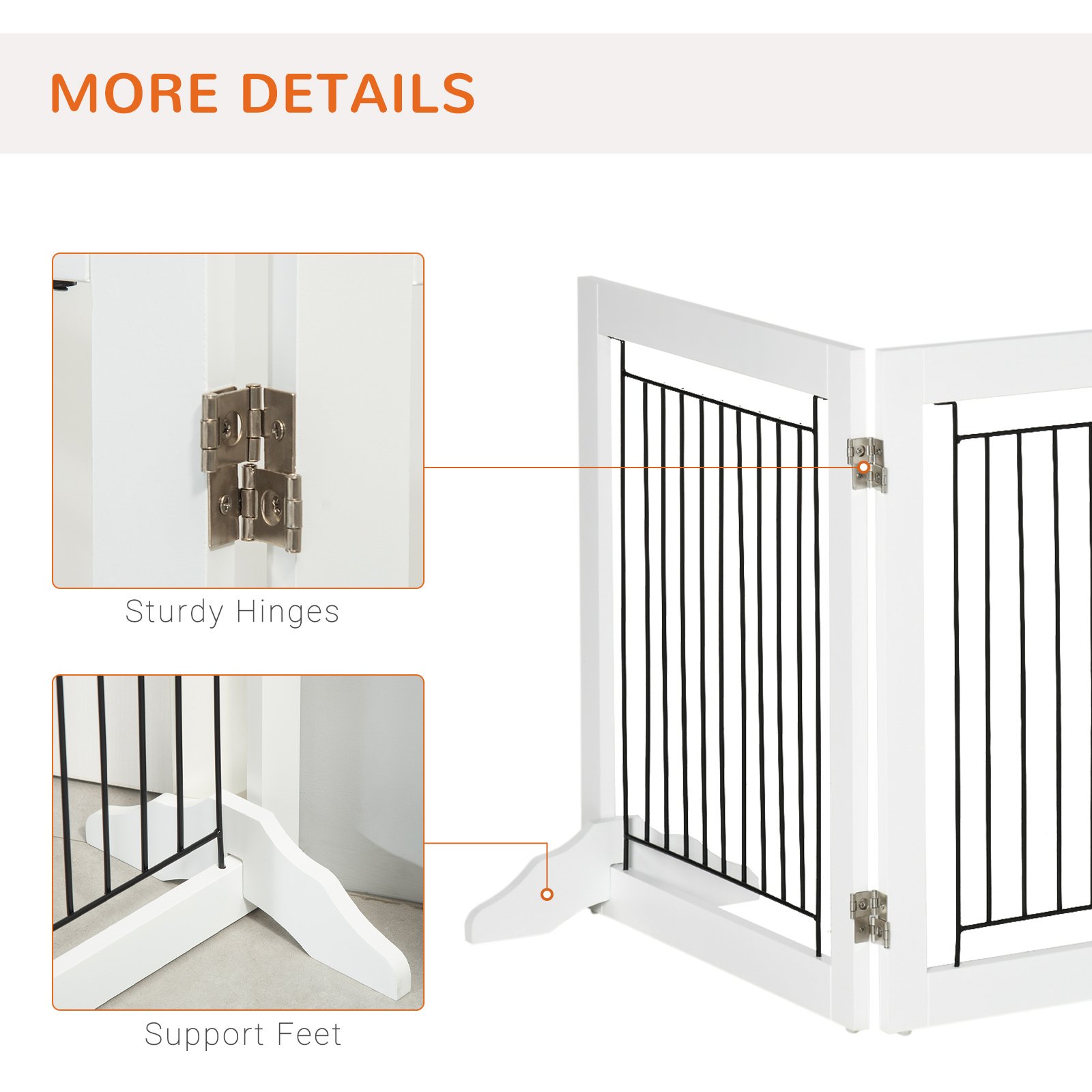 Foldable Pet Gate, with Three Panels & Two Support Feet - White - Image 6