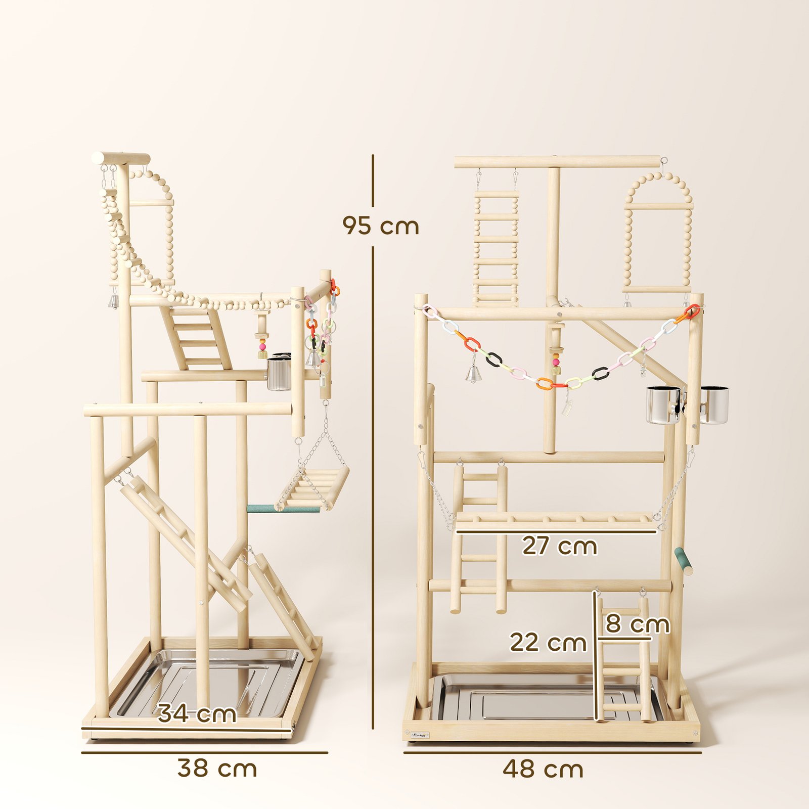 95 cm Wooden Bird Playground with Ladders, Chain Toy, Stainless Steel Cups and Tray, Bird Cage Accessories, Natural
