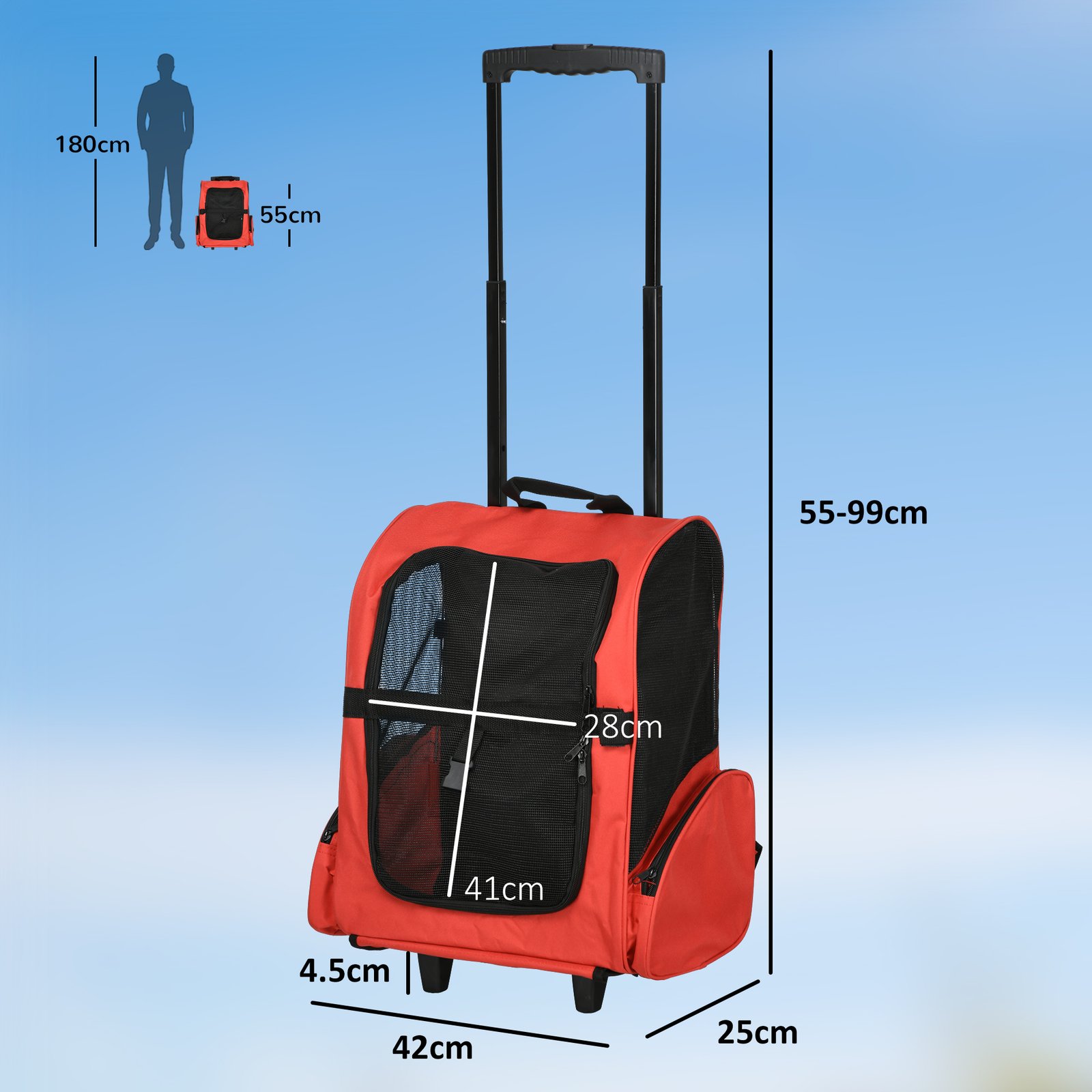 2 in 1 Dog Backpack and Trolley, Pet Travel Backpack Cat Dog Carrier with Telescopic Handle, Portable Pet Stroller Wheel Luggage Bag (Red)