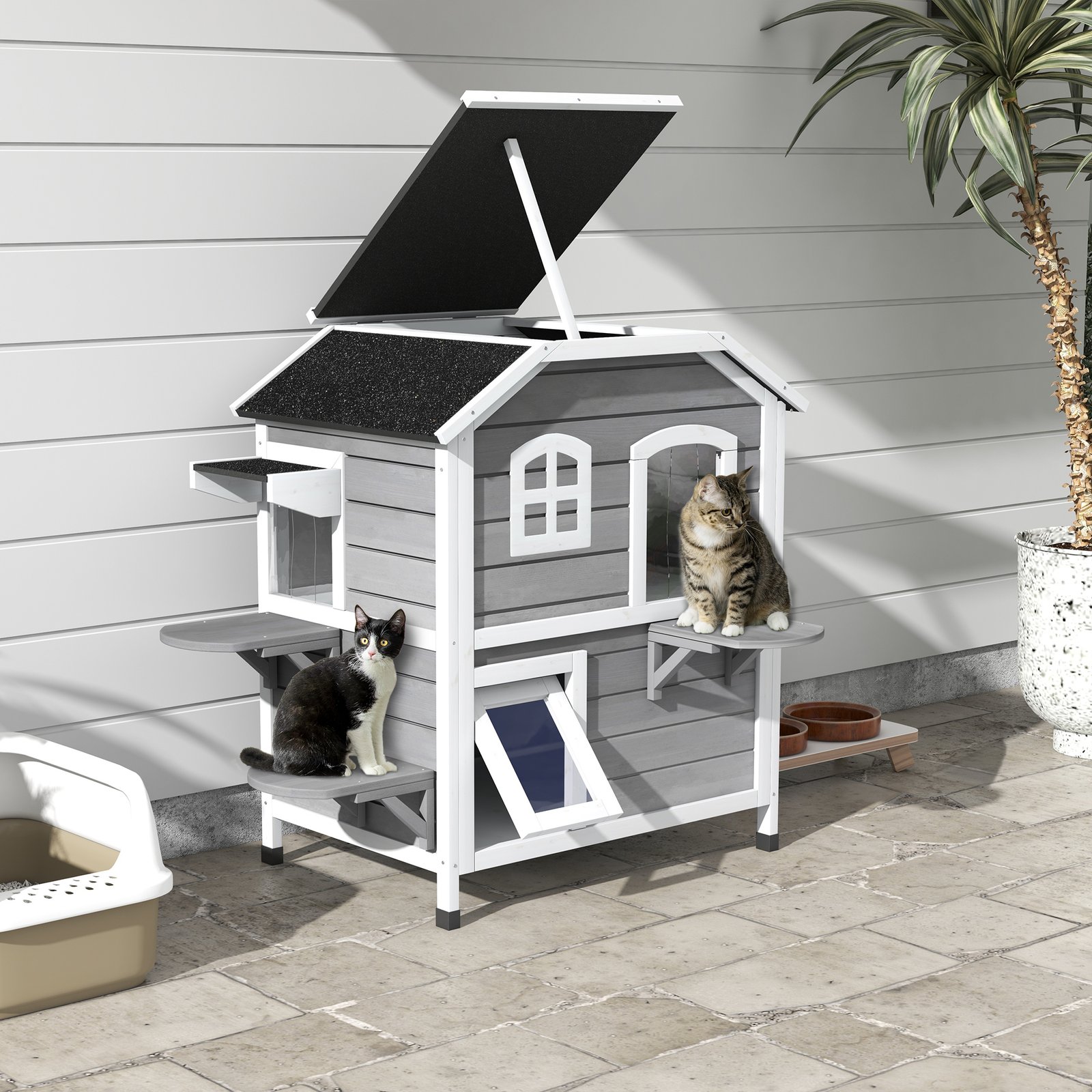  2-story Cat House Outdoor, Weatherproof Wooden Cat Enclosure with Escape Door, Openable Roof, Jumping Platforms, Grey
