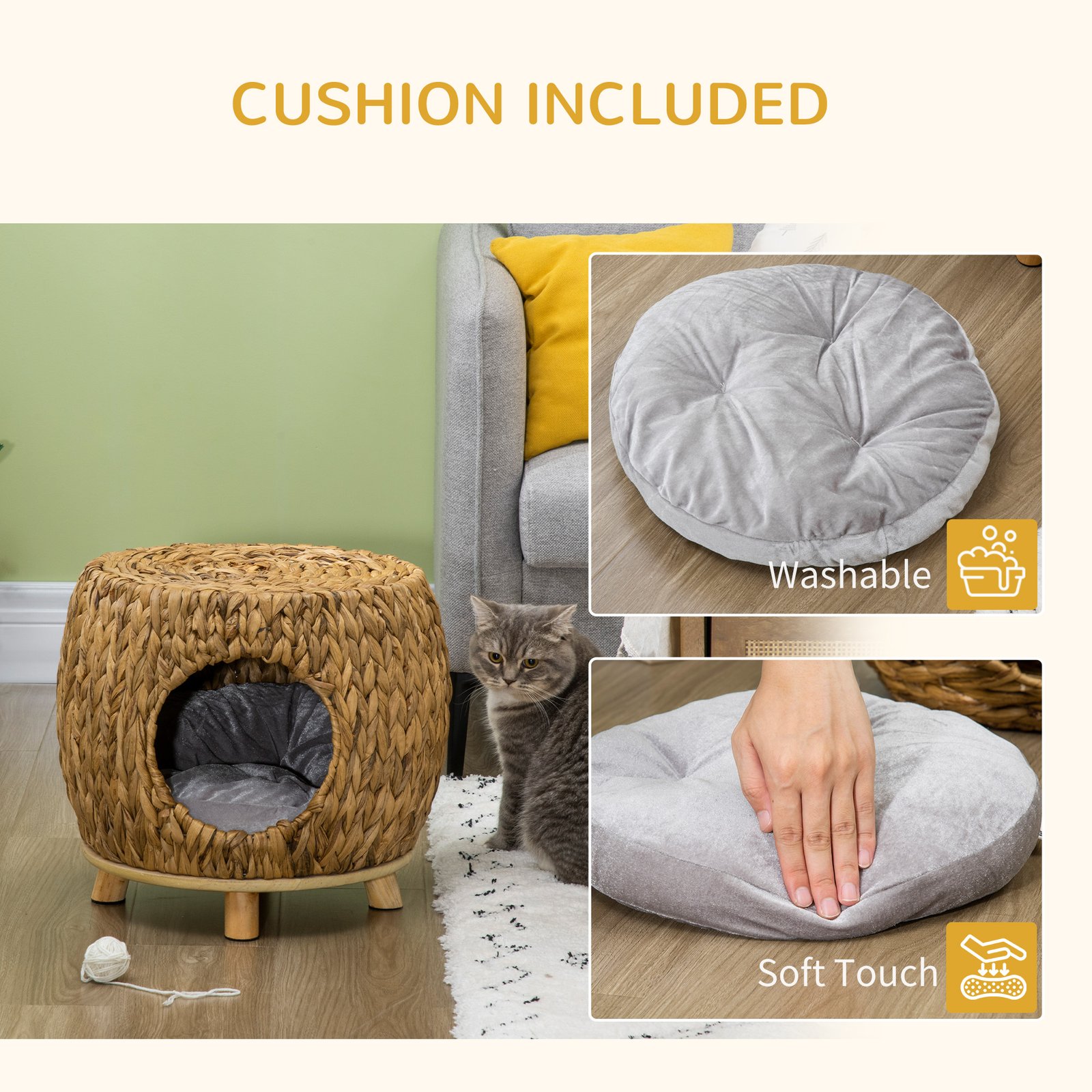 Wicker Cat Bed Cat House Stool with Washable Cushion, 44 x 43 x 41cm - Image 6