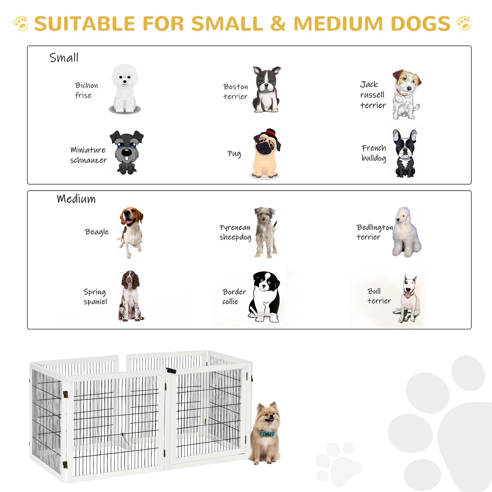 Wooden Pet Gate, Freestanding Dog Safety Barrier with 2 Support Feet, White
