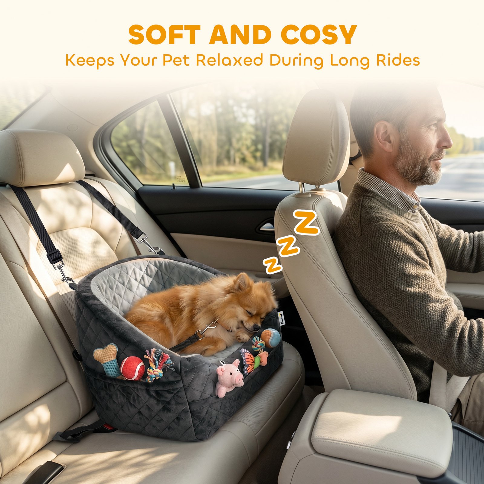 Dog Car Seat, Detachable Washable Dog Booster Seat with Thick Cushion, Seat Belt, Pockets for Small Under 10kg, Grey