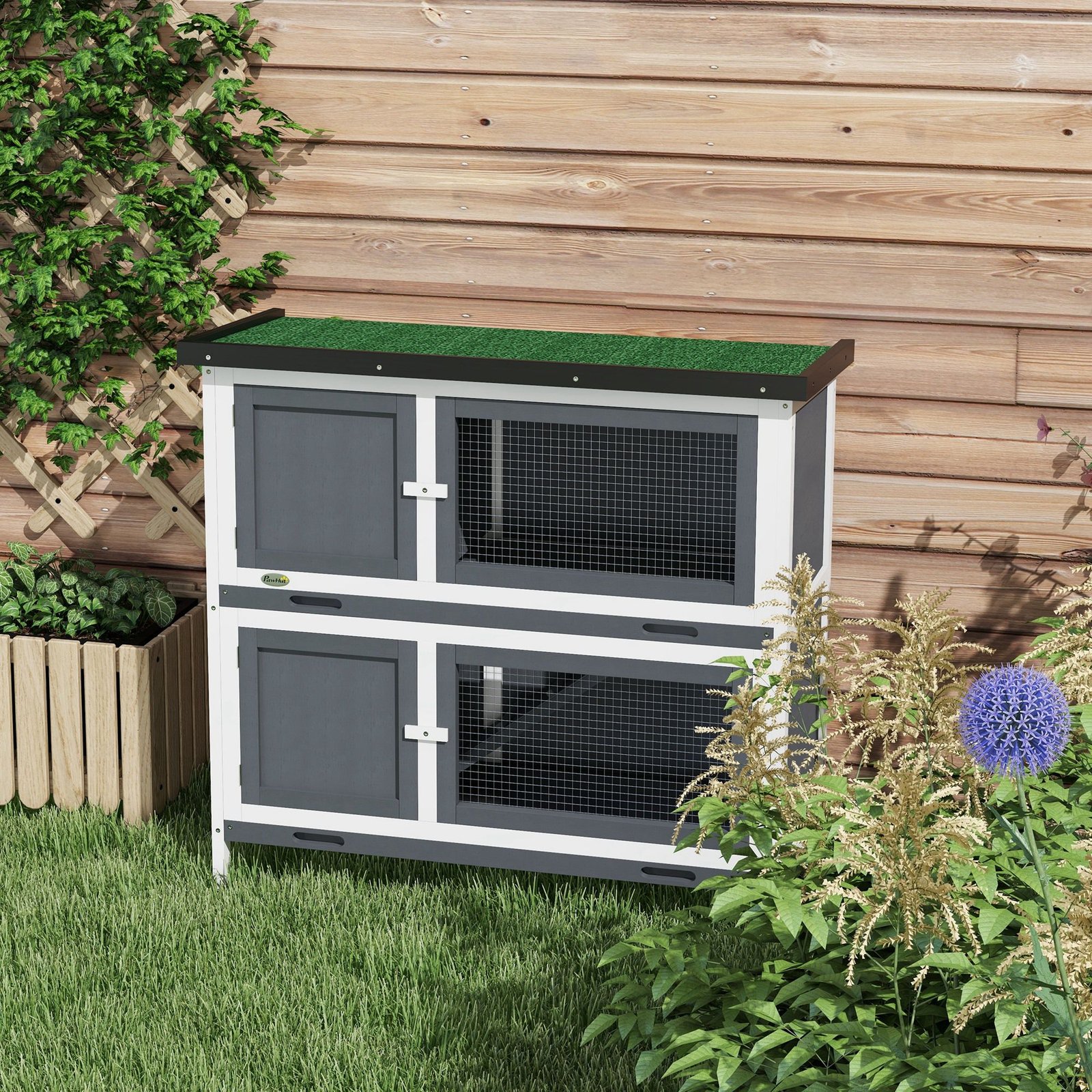 Double Decker Rabbit Hutch 2 Tier Guinea Pig House Pet Cage Outdoor with Sliding-out Tray, 100 x 47 x 91cm, Grey - Image 8