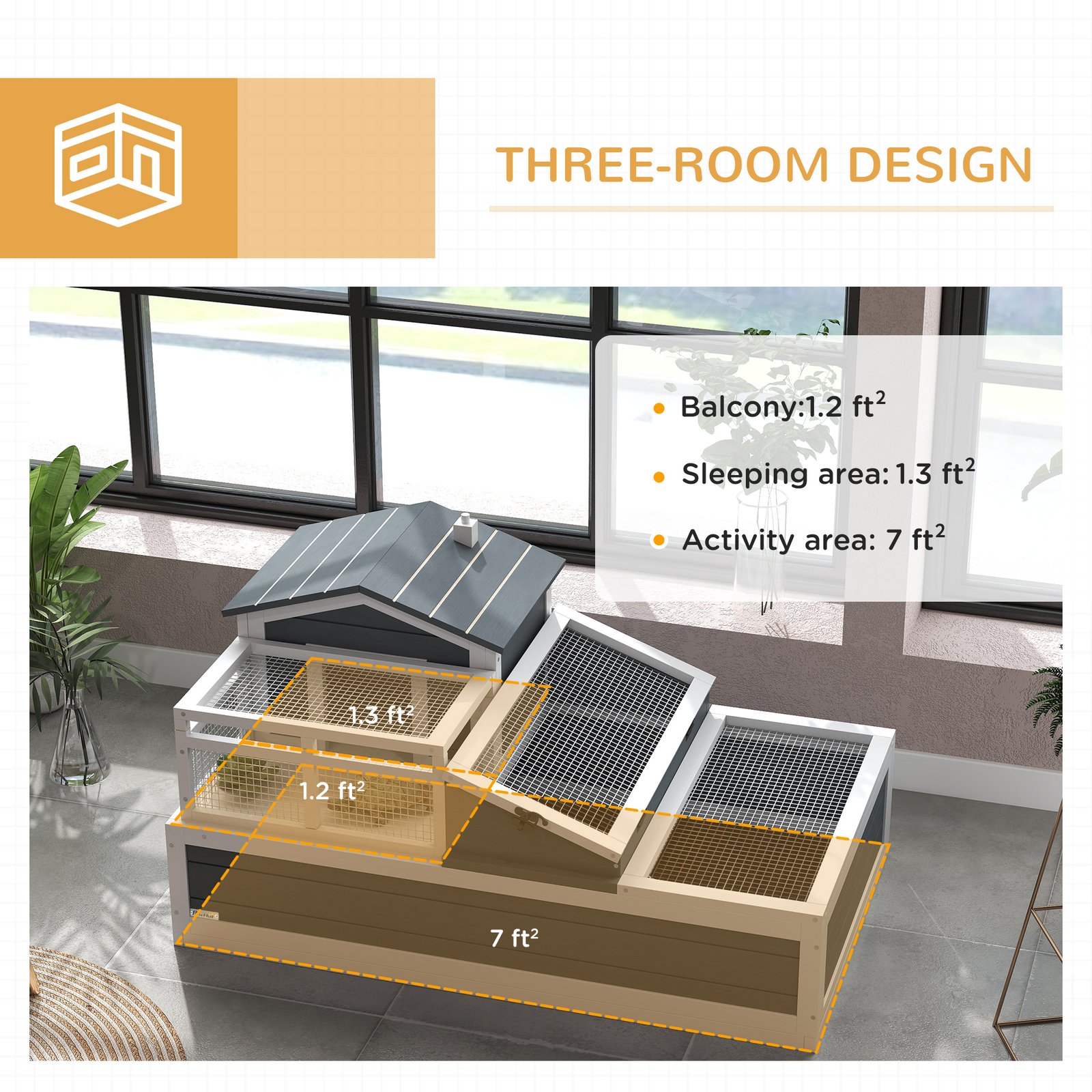 Tortoise House 3-Room with 2 Stories, Ladder, Balcony, Tray, Openable Roof, 59H x 112L x 65Wcm, Grey