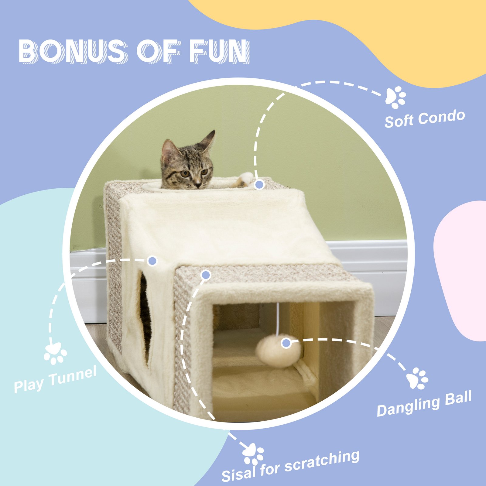 Cat Tunnel, Plush Large Play Tunnel with Two Caves and Hanging Ball, Cream White