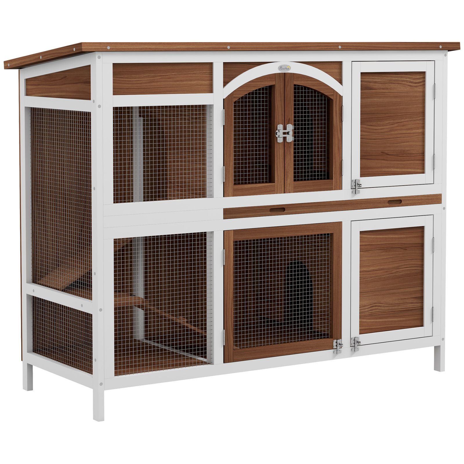 Two-Tier Wooden Pet Hutch with Openable Roof, Slide-Out Tray