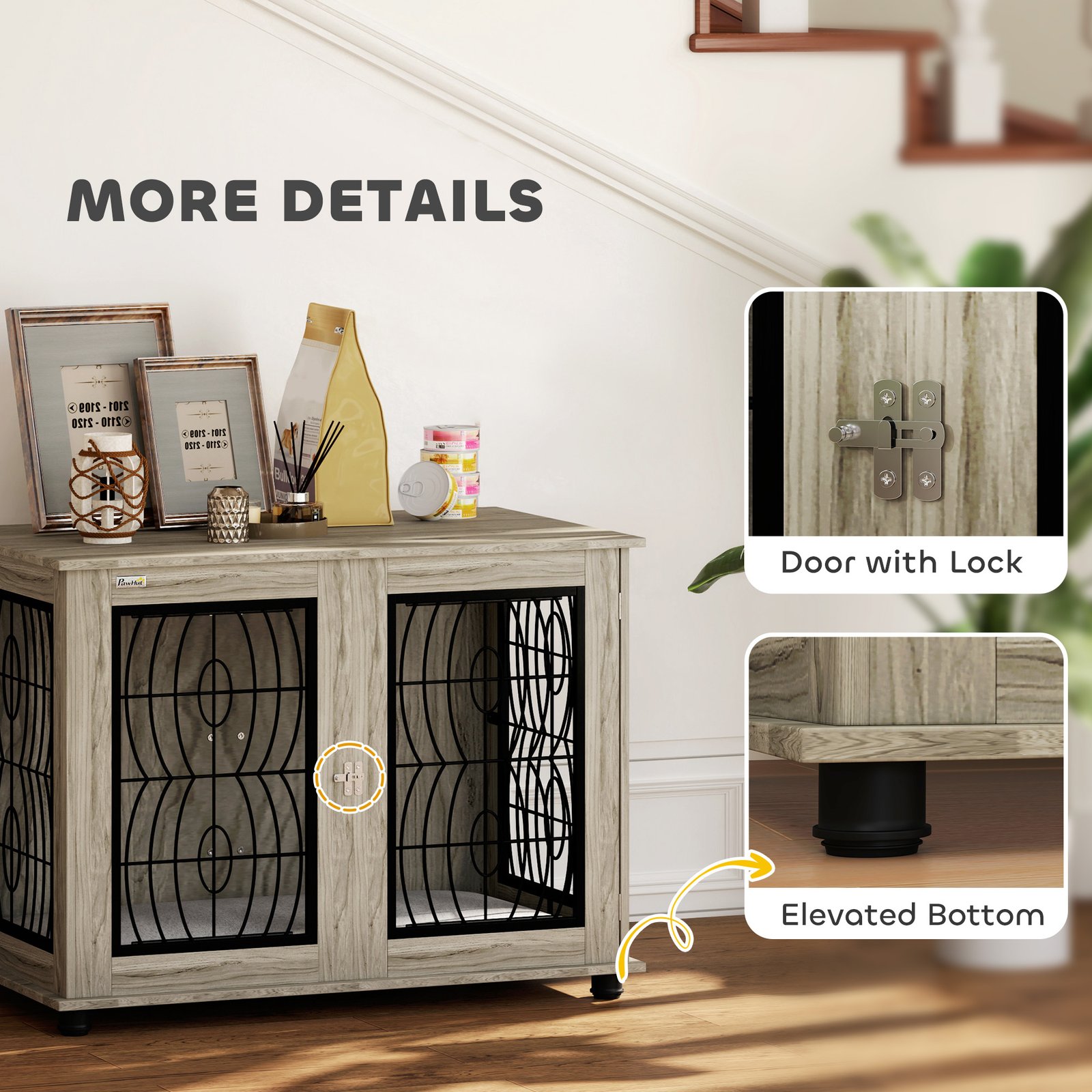 Indoor Dog Crate Furniture End Table with Soft Washable Cushion, Lockable Front Door, for Large Dogs - Grey