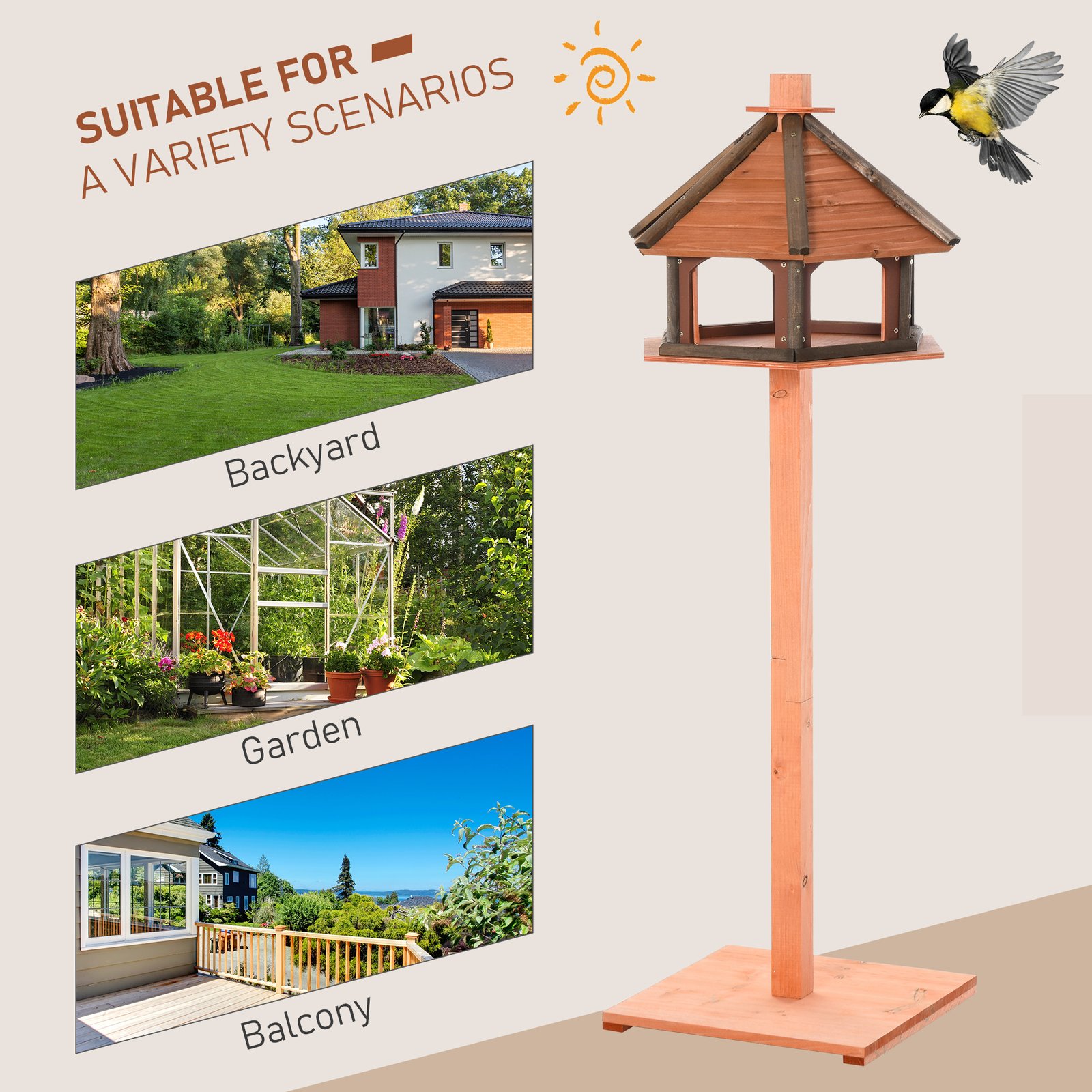 130cm Wooden Bird Table, Feeding Station with Roof for Outdoor, Brown