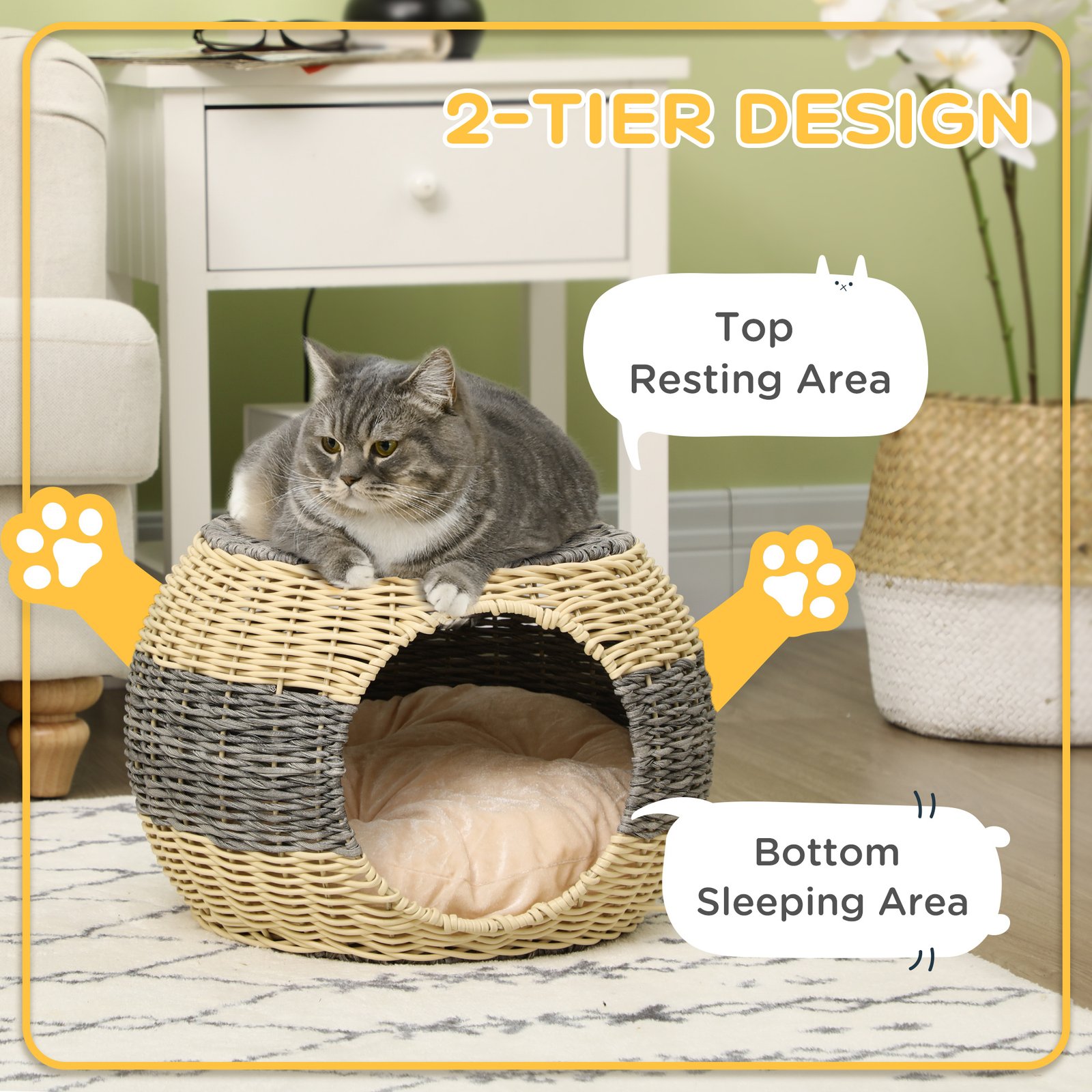 Wicker Cat House, Rattan Raised Cat Bed, Cosy Kitten Cave with Soft Washable Cushion, Φ40 x 30cm - Image 5