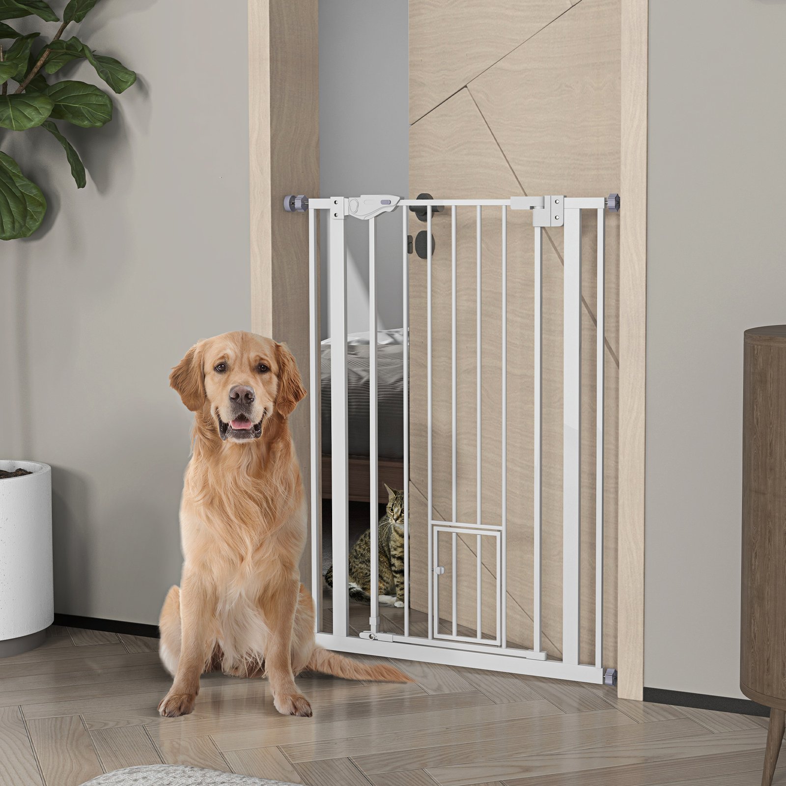 Extra Tall Pet Gate, Indoor Dog Safety Gate, with Cat Flap, Auto Close, 74-80cm Wide - White - Image 9