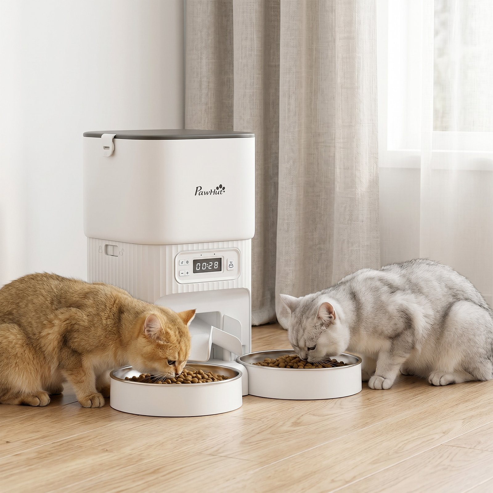 Automatic Cat Feeder Timed Portion Control Pet Food Dispenser with 2 Stainless Steel Bowls