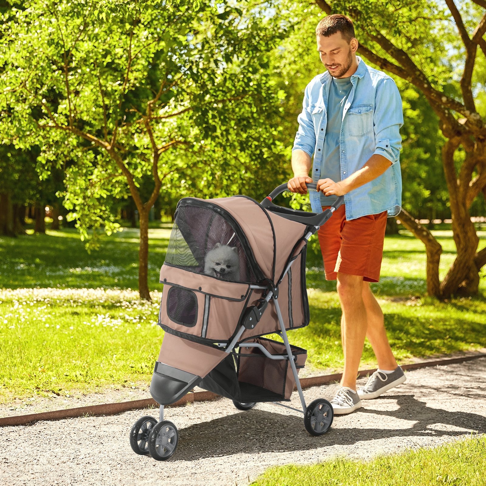 3 Wheel Pet Stroller for Small and Miniature Dogs, Brown - Image 9