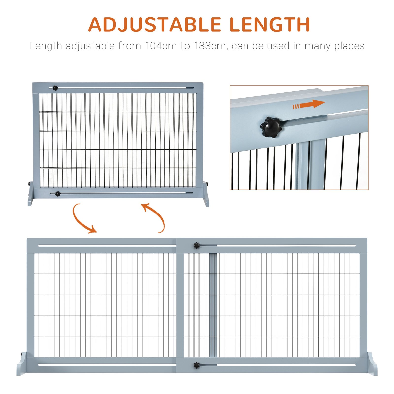 Freestanding Dog Gate, Foldable Pet Fence, Indoor Wood Barrier, Stair Gate with Support Feet, for Doorway, Hallway, Small and Medium Dogs, 69H x 104-180 cm, Blue-grey