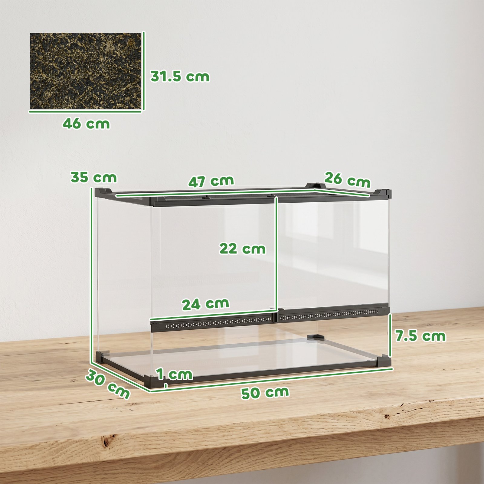 Reptile Glass Terrarium with Stone Background, Front Ventilation, Escape-Proof Knob Lock, 50 x 30 x 35 cm, Black - Image 3