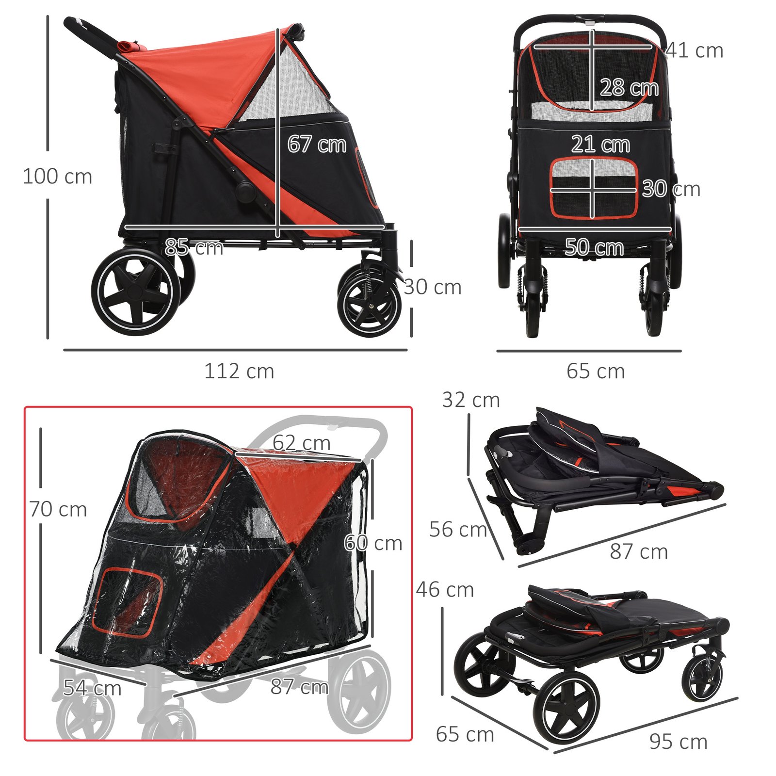 One-Click Foldable Pet Travel Stroller with Rain Cover, Cat Dog Pushchair with Universal Front Wheels, Shock Absorber, Storage Bags, Mesh Window, Safety Leash for Large and Medium Dogs (Red) - Image 3