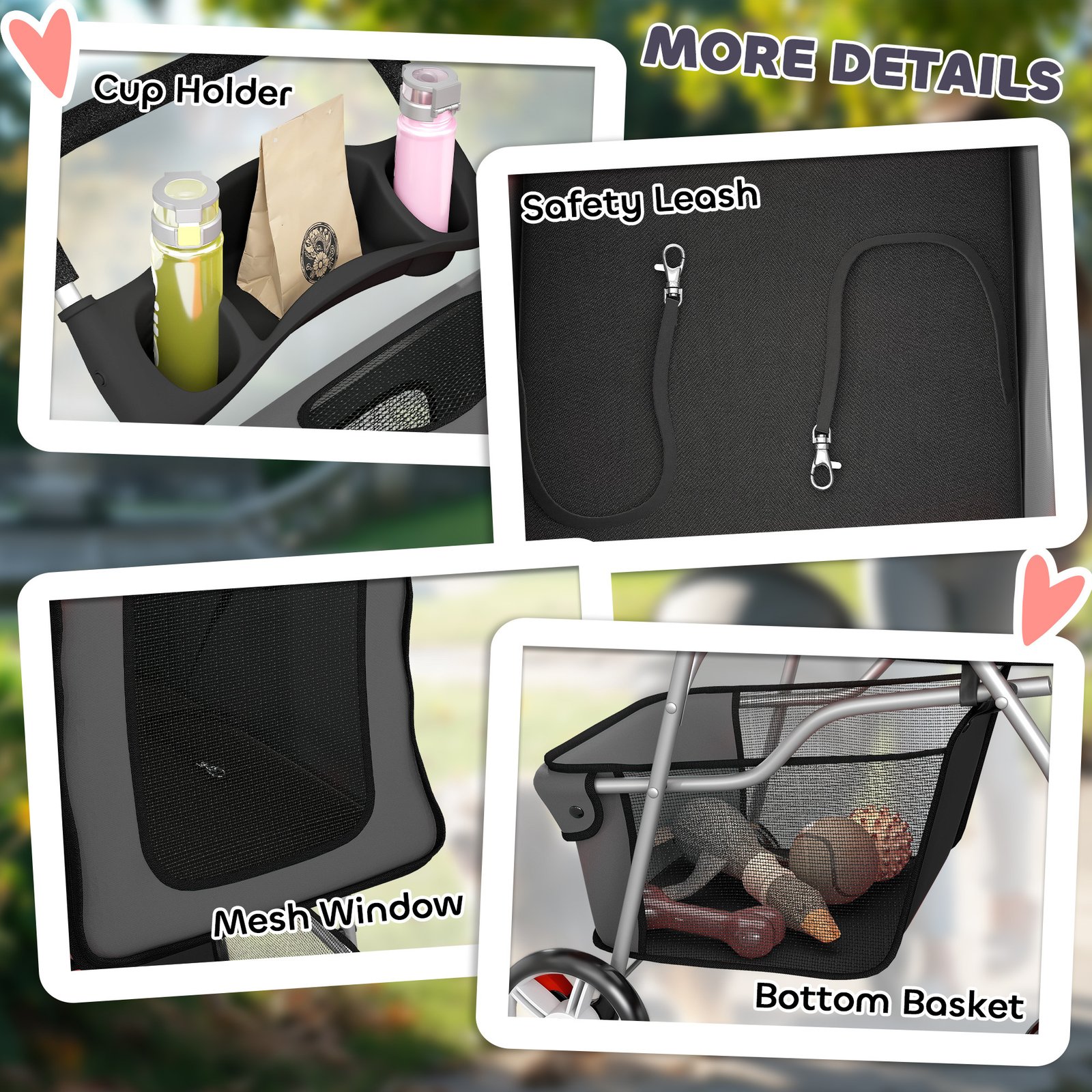 Dog Pram, Pet Stroller with Reflective Strips, Foldable Cat Stroller with 360° Swivel Wheels, Dark Grey - Image 8
