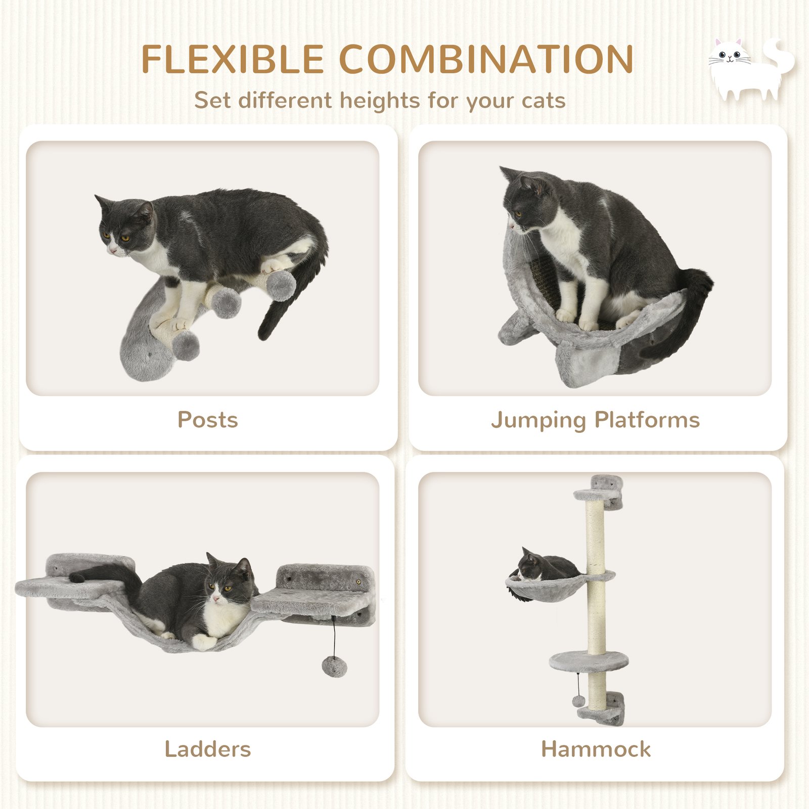 Four-Piece Cat Wall Furniture, with Hammock, Ladder, Platforms, Steps, for Indoor Use - Grey - Image 5