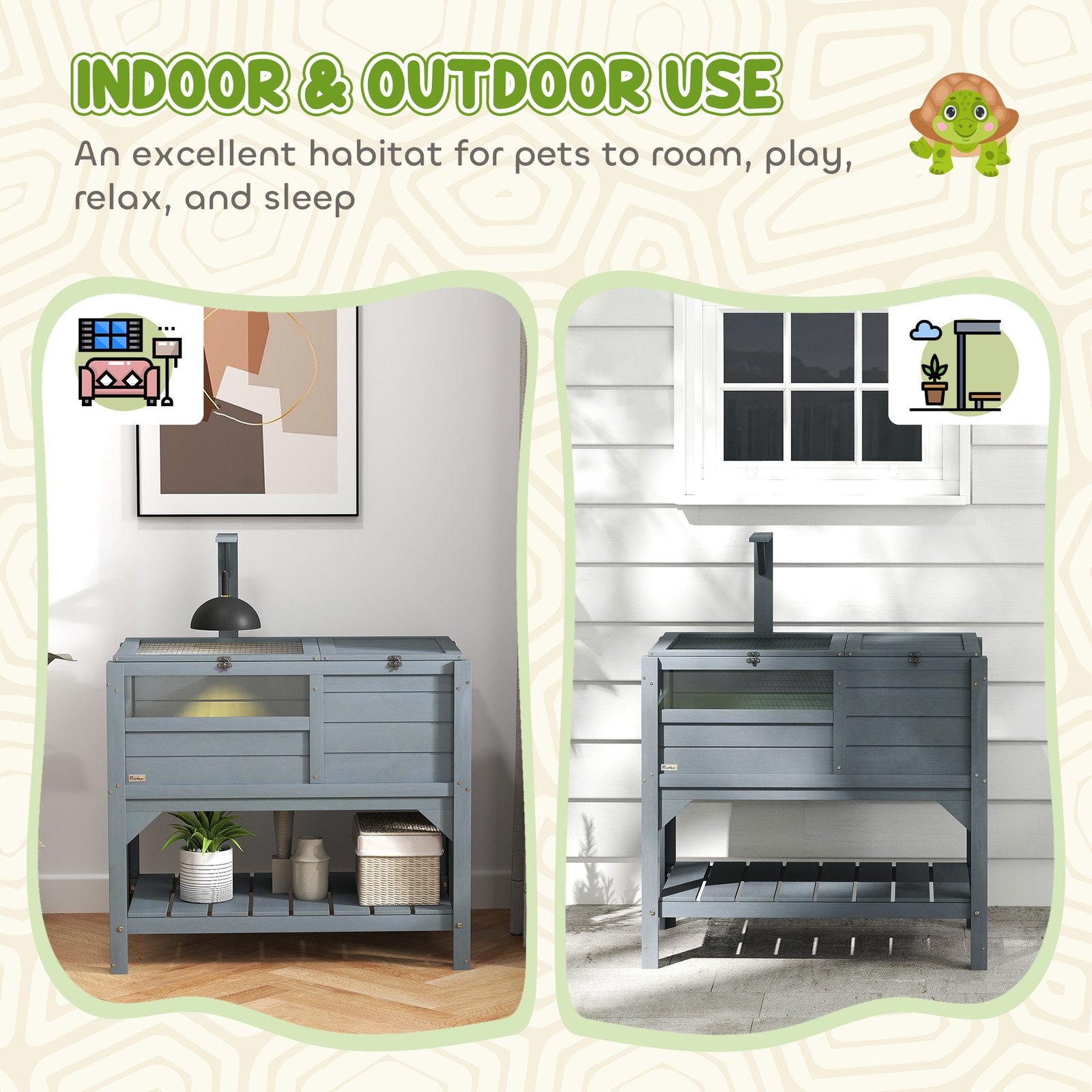 Wooden Tortoise House, with Shelter, Run, Shelf, Lamp Holder, Tray, Grey