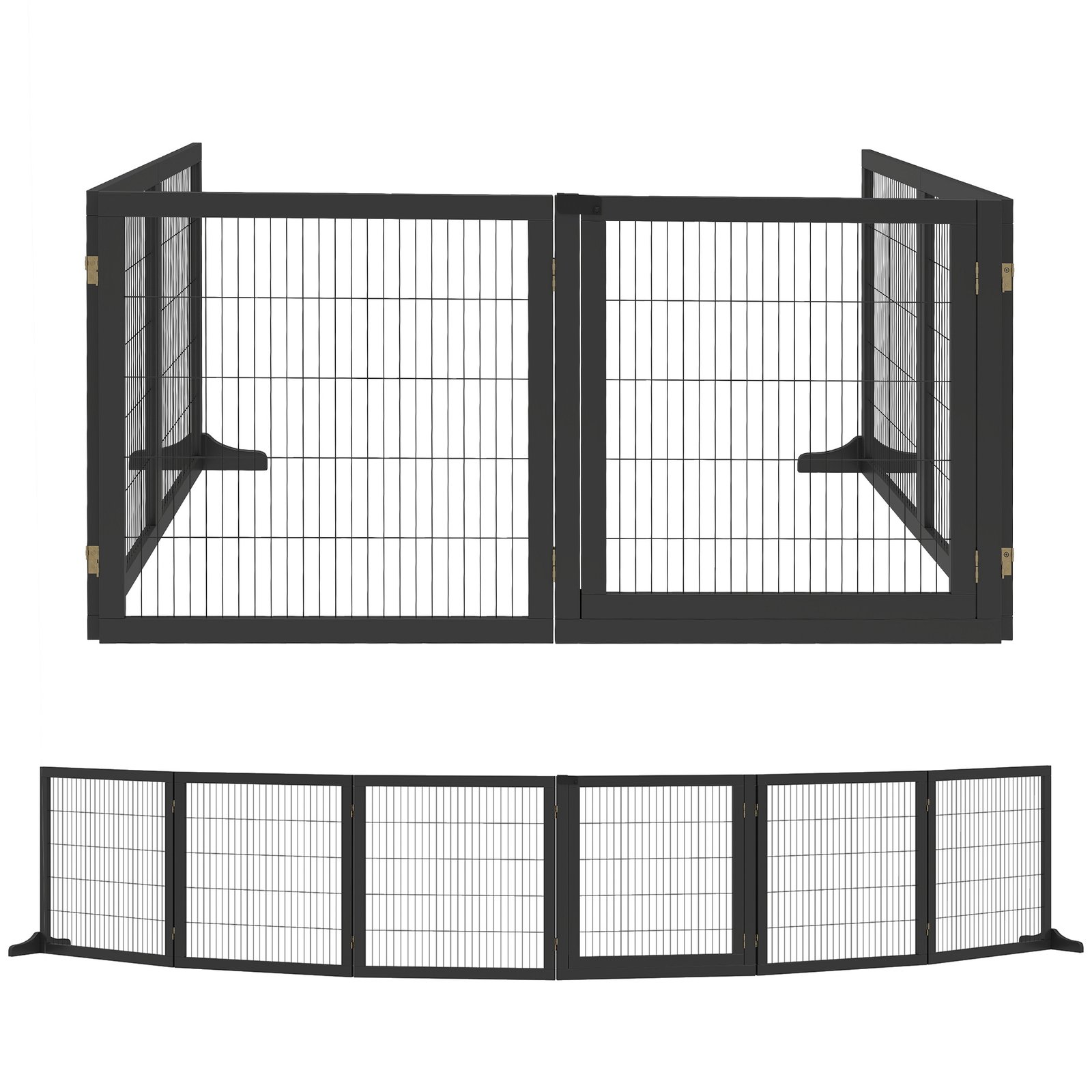 Wooden Pet Gate, Freestanding Dog Security Barrier with Two Support Feet - Black