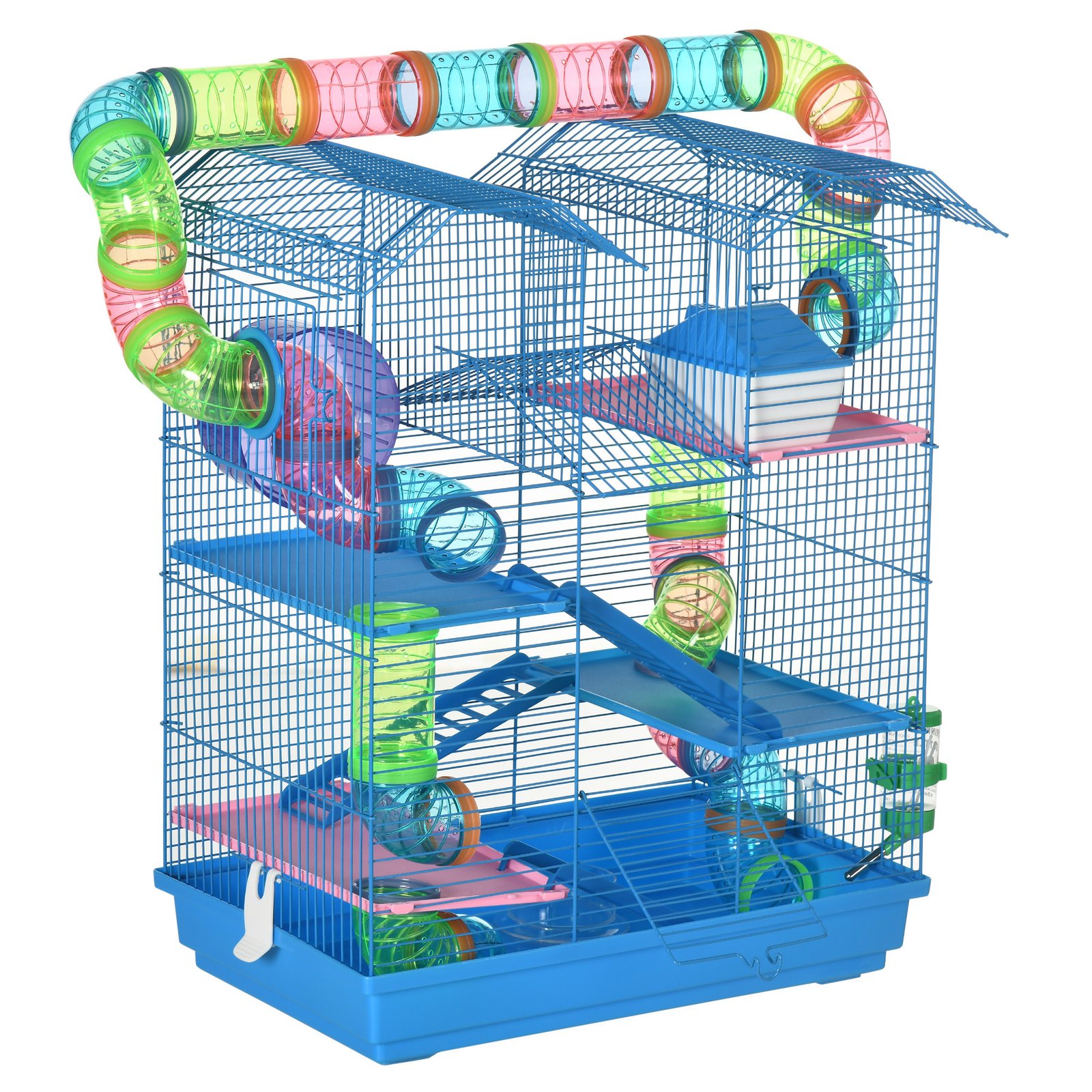 Hamster Cage, 5 Tier Carrier Habitat with Exercise Wheels Tunnel Tube Water Bottle Dishes House Ladder, Gerbil Cage for Dwarf Mice, Blue