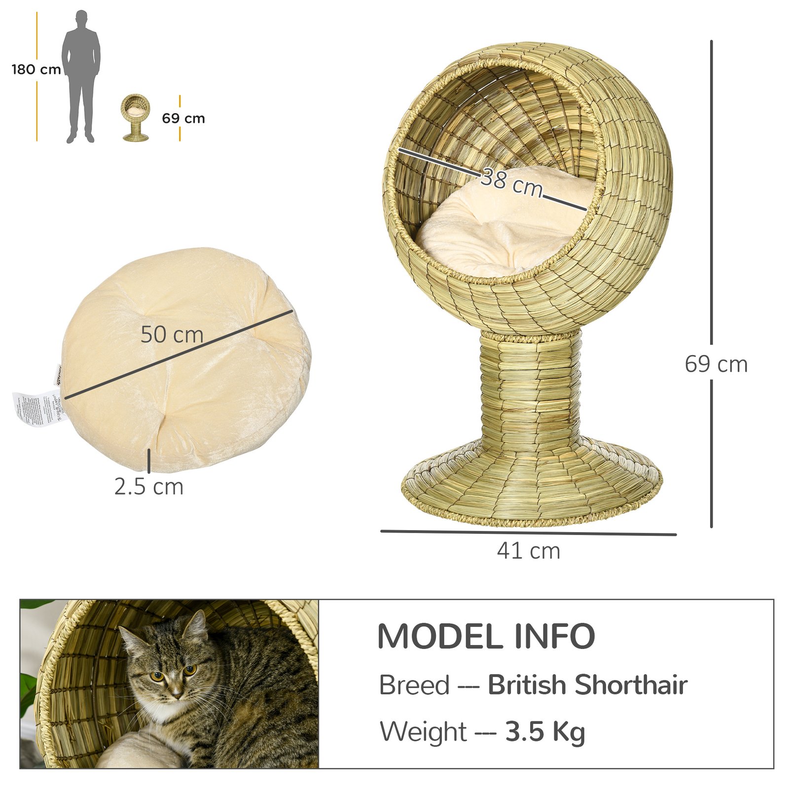 Raised Detachable Cat house, Natural Mat Grass Cat Bed, with Cushion