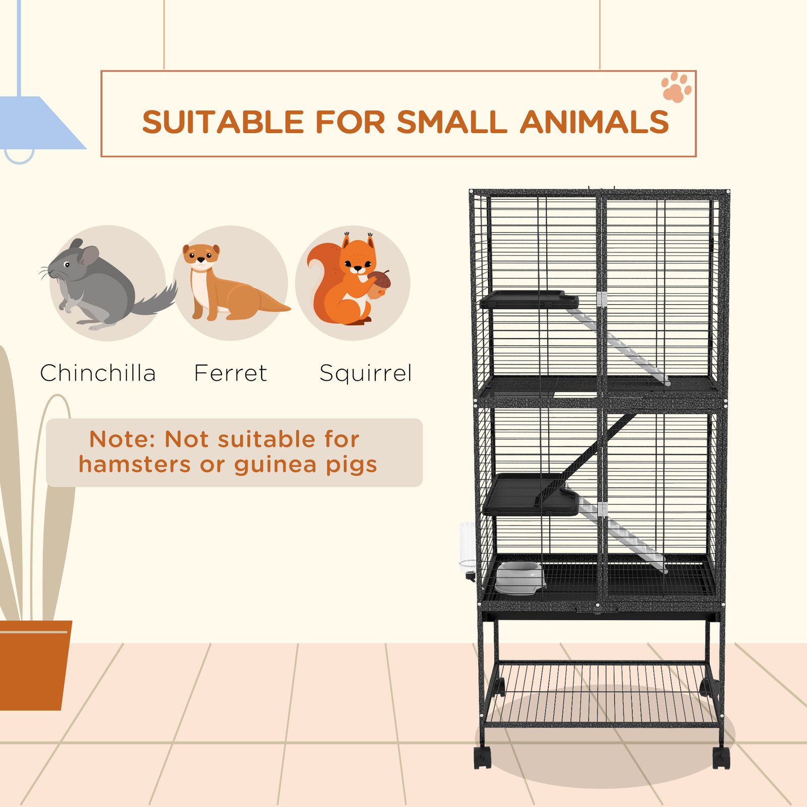 Rolling Chinchilla Cage, Small Animal Cage for Ferrets w/ Three Doors, Storage, Shelf, Tray Tray, Bowl, Water Bottle - Image 4