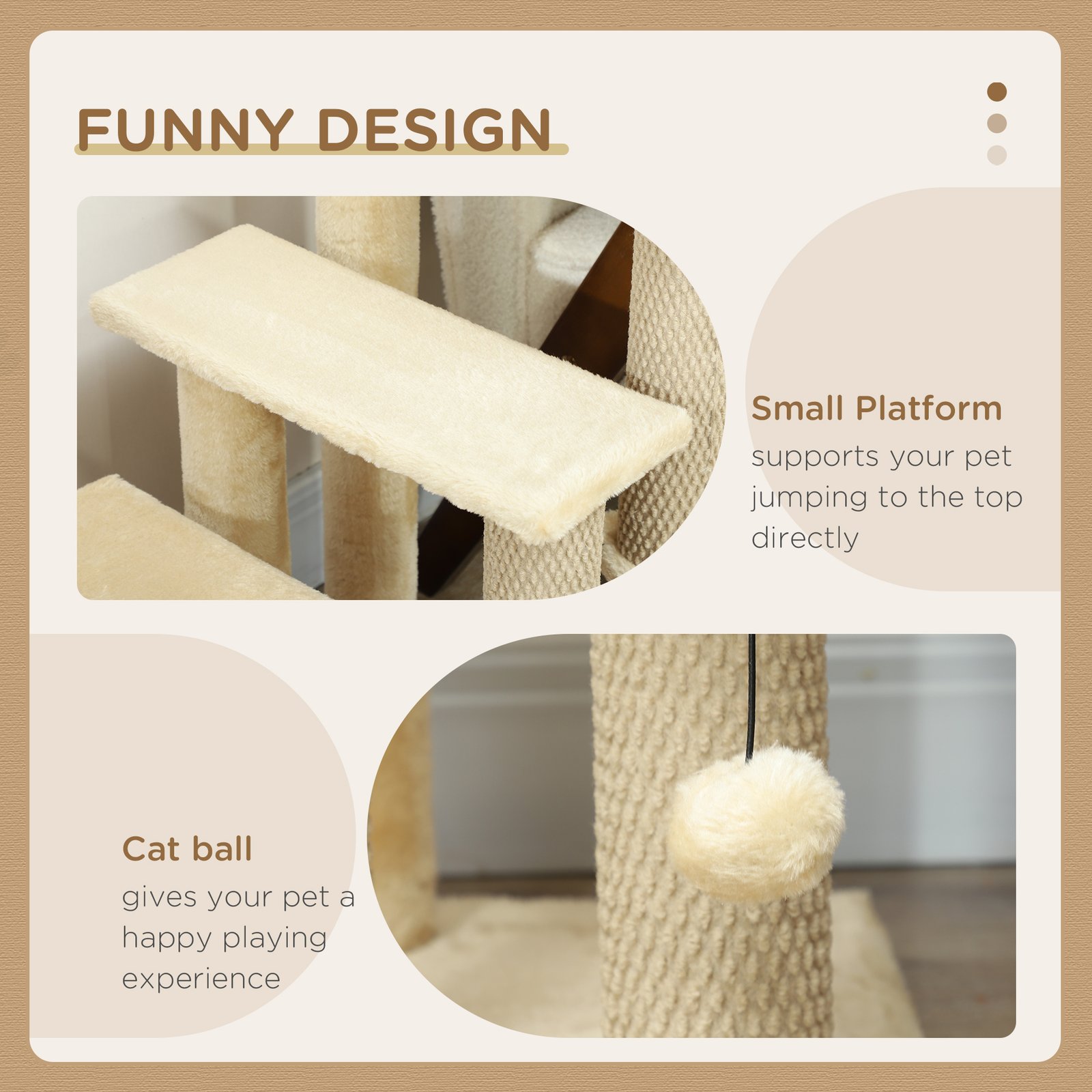 4-step Pet Stairs with Scratching Posts, Platforms, Toy Ball, Beige - Image 5