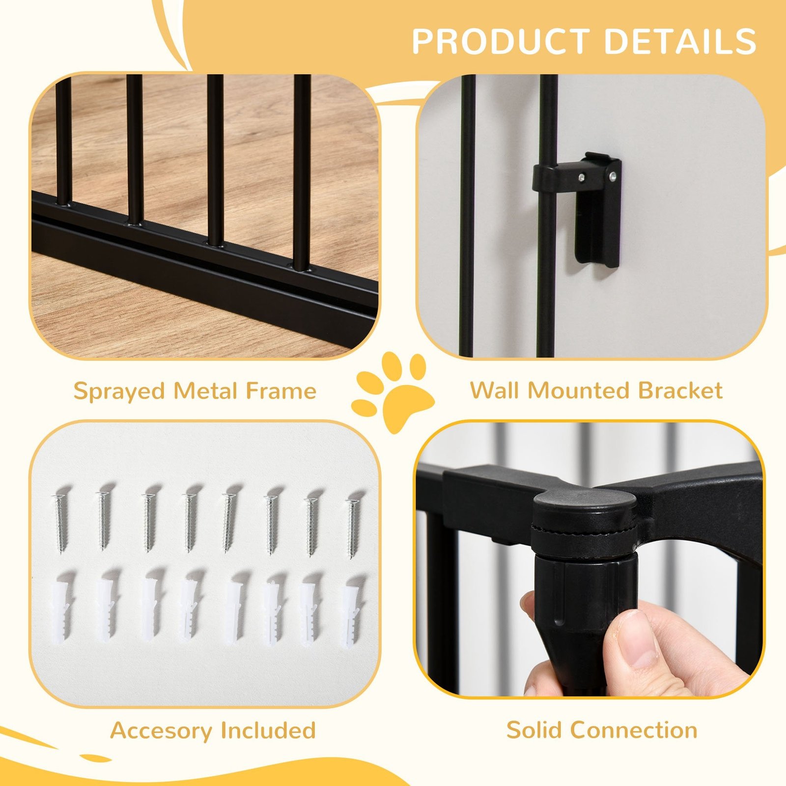 Pet Safety Gate, 3 Panels Playpen Fireplace, Foldable Metal Fence, Stair Barrier, Room Divider, Fire Guard w/ Automatic Closing Door, Black