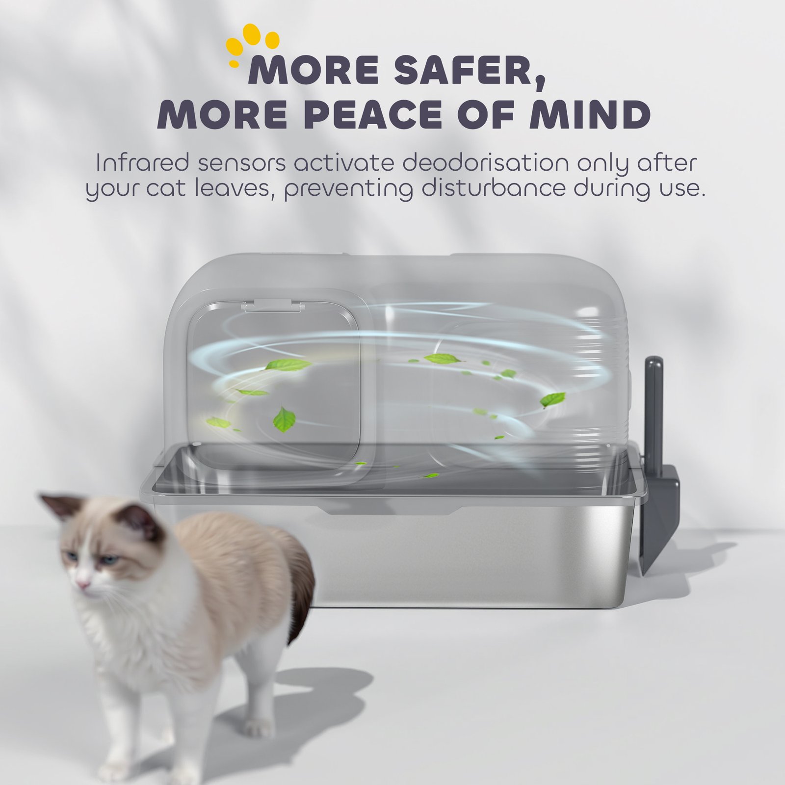 65L Extra Large Stainless Steel Litter Tray with Plasma Deodoriser System, High Sided, Easy to Clean & Odour-Resistant