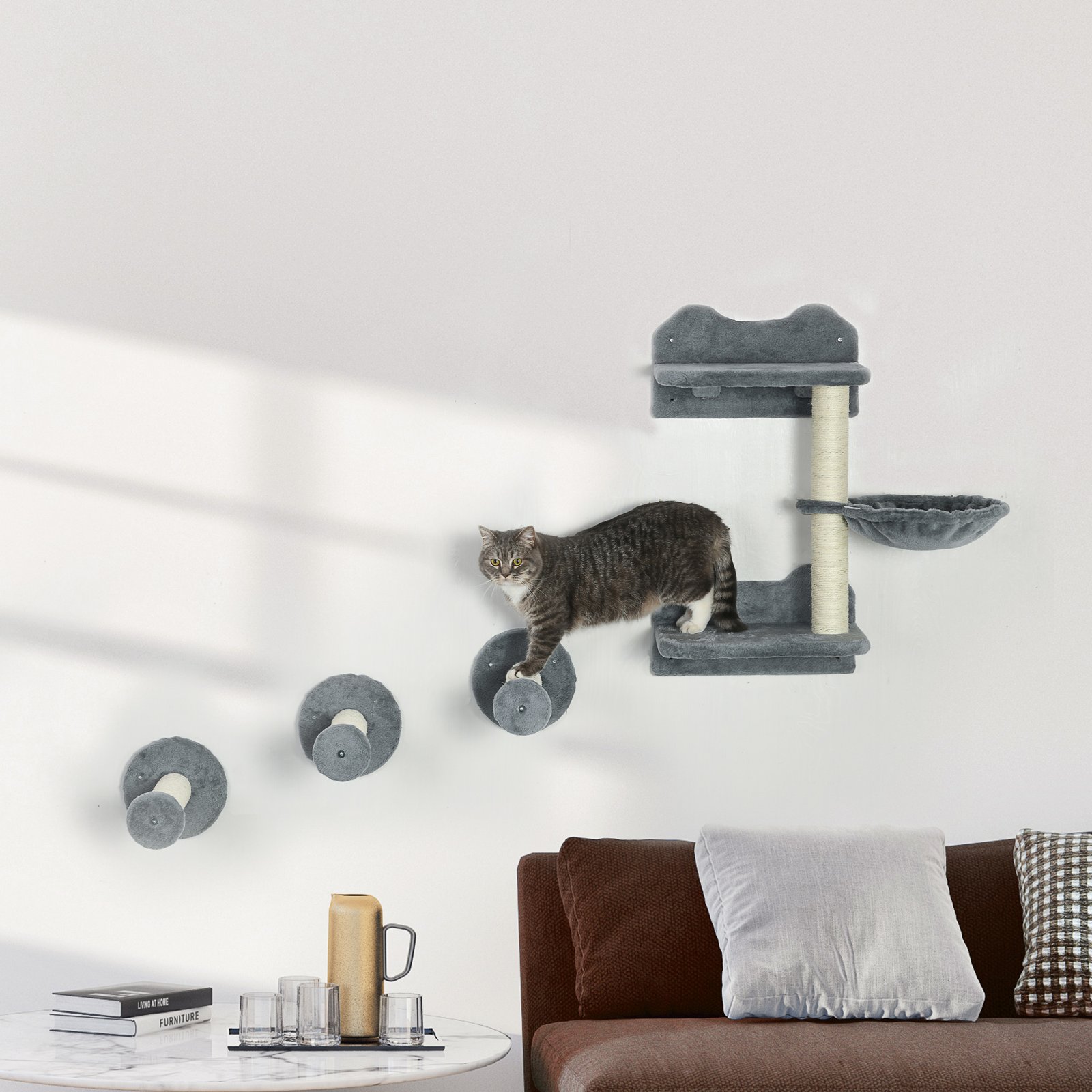 4 Piece Cat Shelf with Scratching Post, Wall-Mounted Cat Tree for Indoor Cat - Grey - Image 9