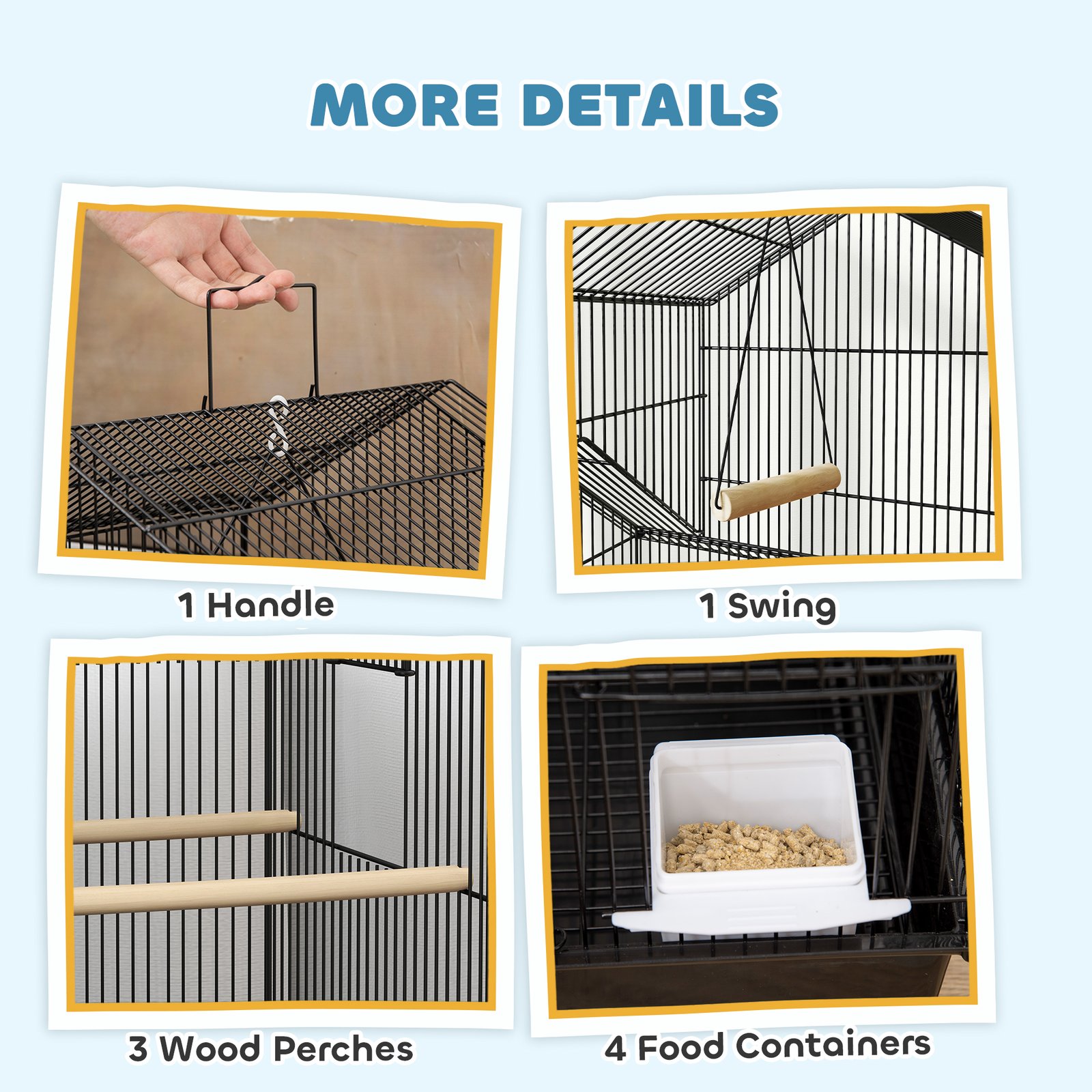 Metal Bird Cage with Plastic Swing, Perch, Food Container, Tray, Handle, for Finches, Canaries, Budgies, 43 x 32.5 x 163 - Image 4